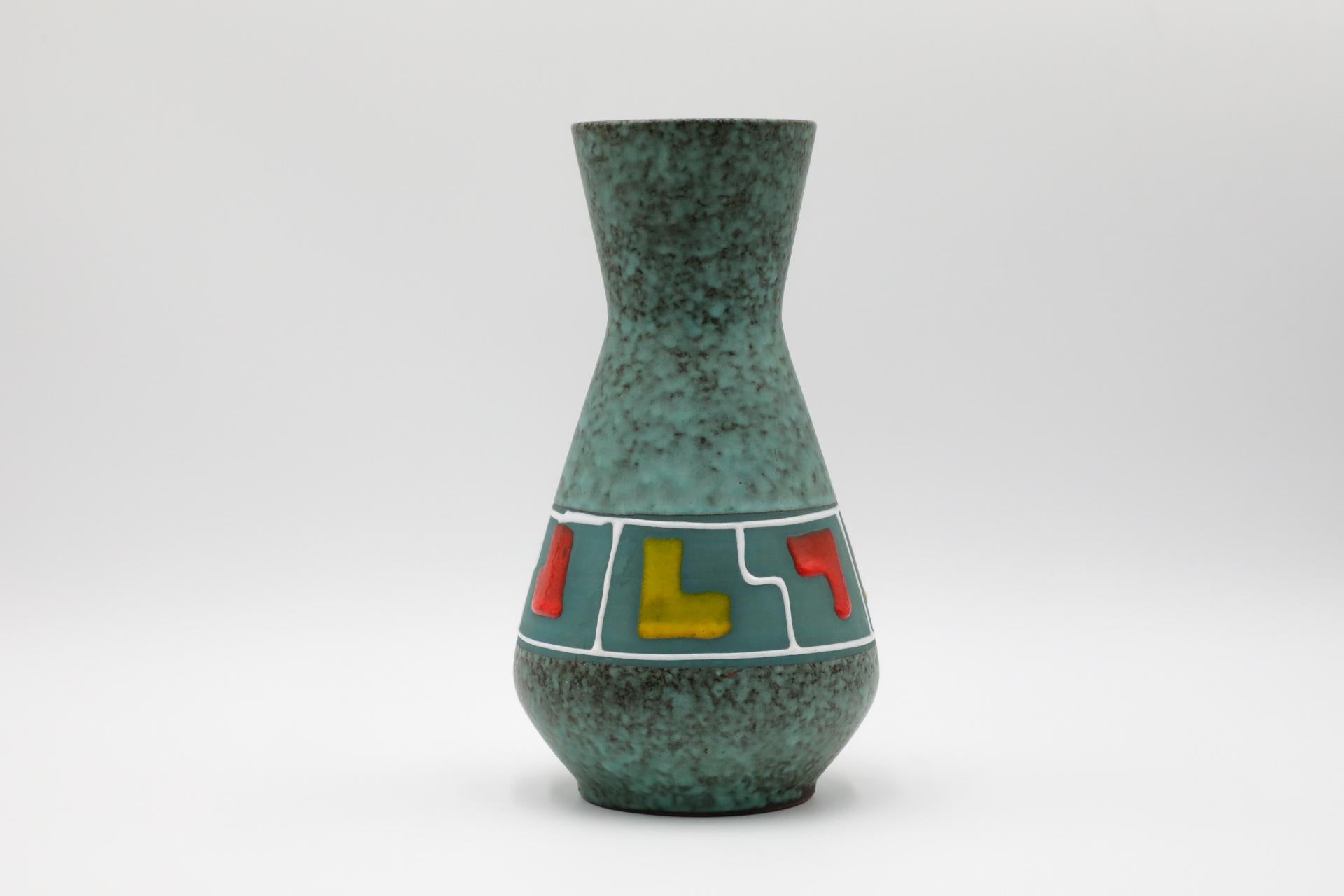 Mid-Century Funky Teal German Vase with Red, Yellow, and White Accents In Good Condition For Sale In Los Angeles, CA