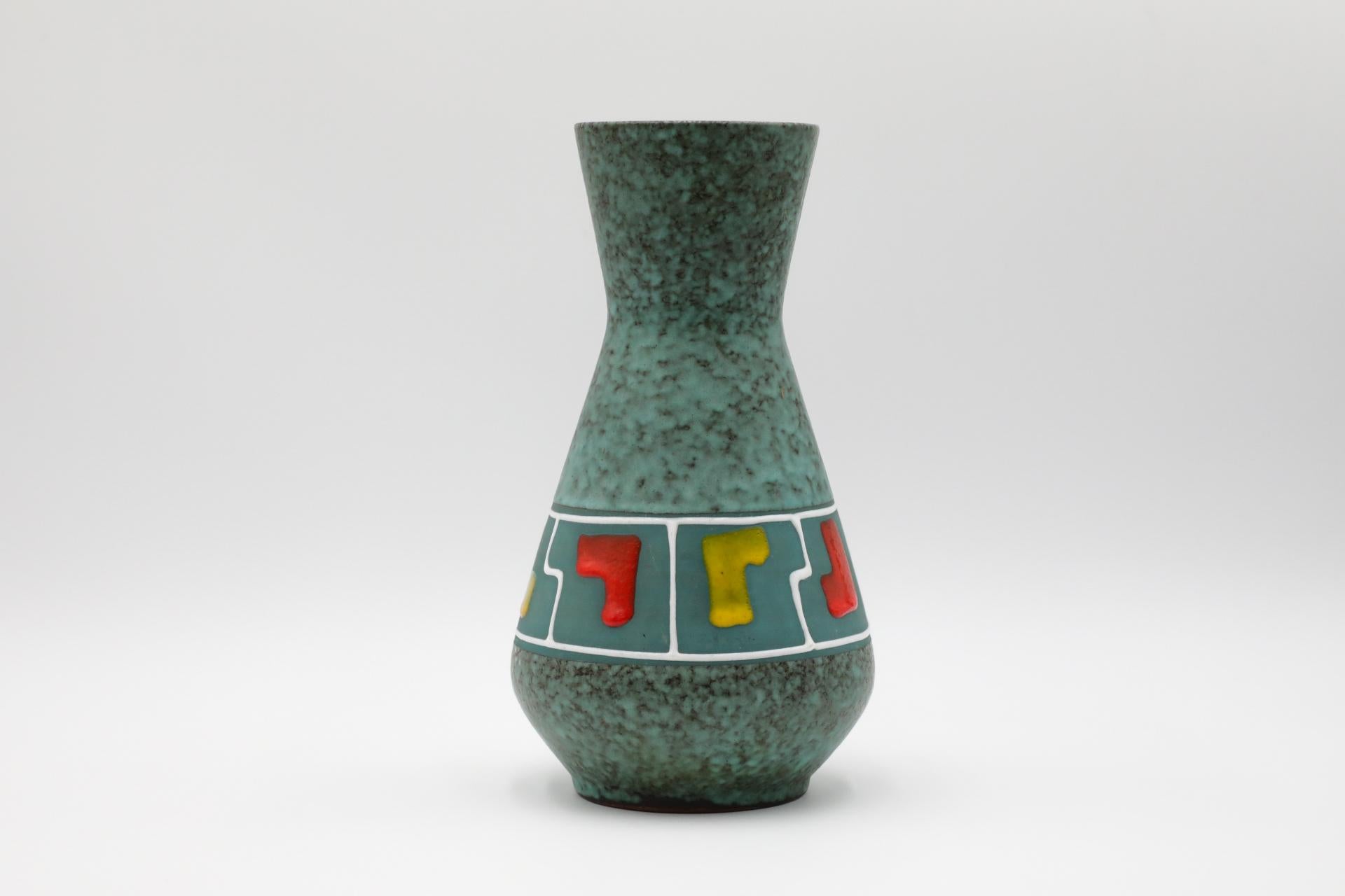 20th Century Mid-Century Funky Teal German Vase with Red, Yellow, and White Accents For Sale