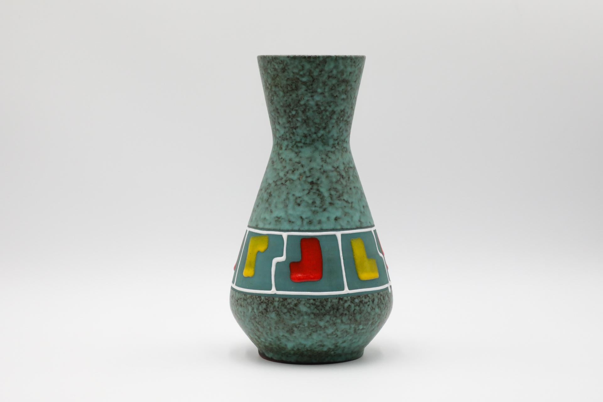 Ceramic Mid-Century Funky Teal German Vase with Red, Yellow, and White Accents For Sale