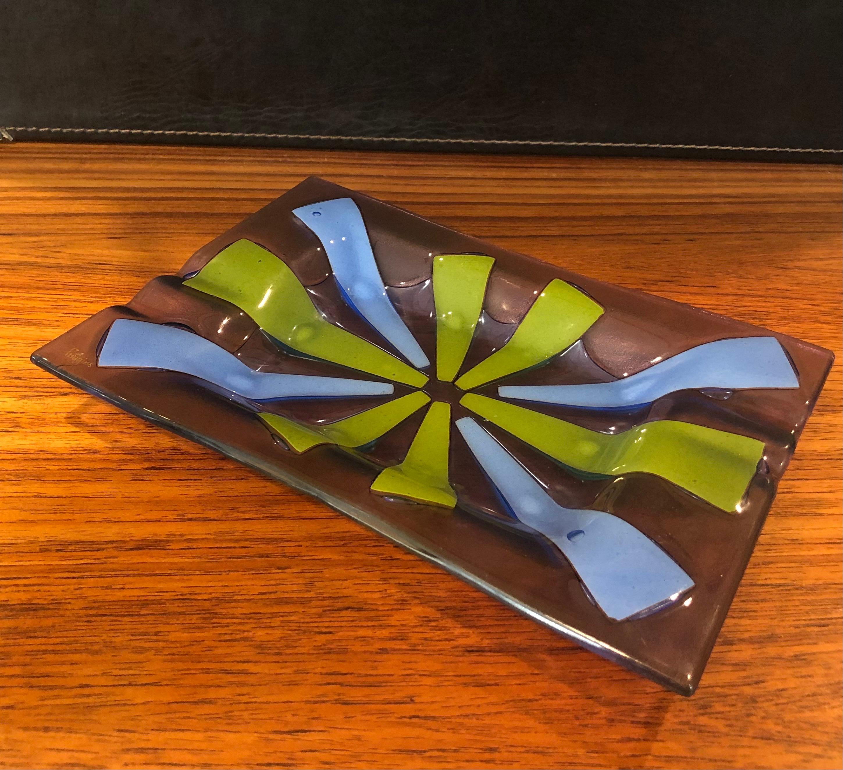Hand-Crafted Midcentury Fused Art Glass Ashtray by Higgins For Sale