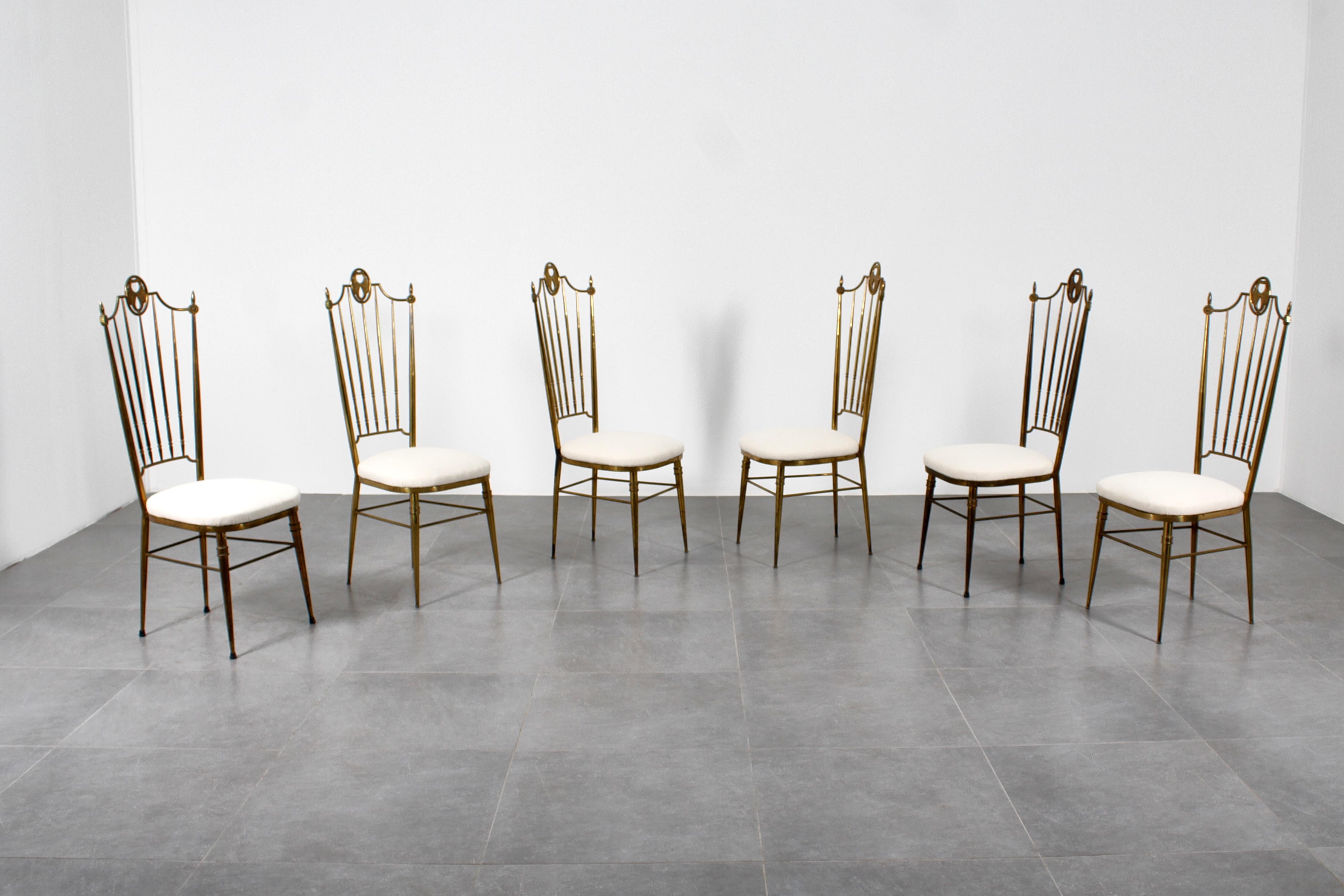 Italian Mid-Century G. Descalzi High Espalier Dining Chairs Brass Set of 6,  Italy 50s For Sale