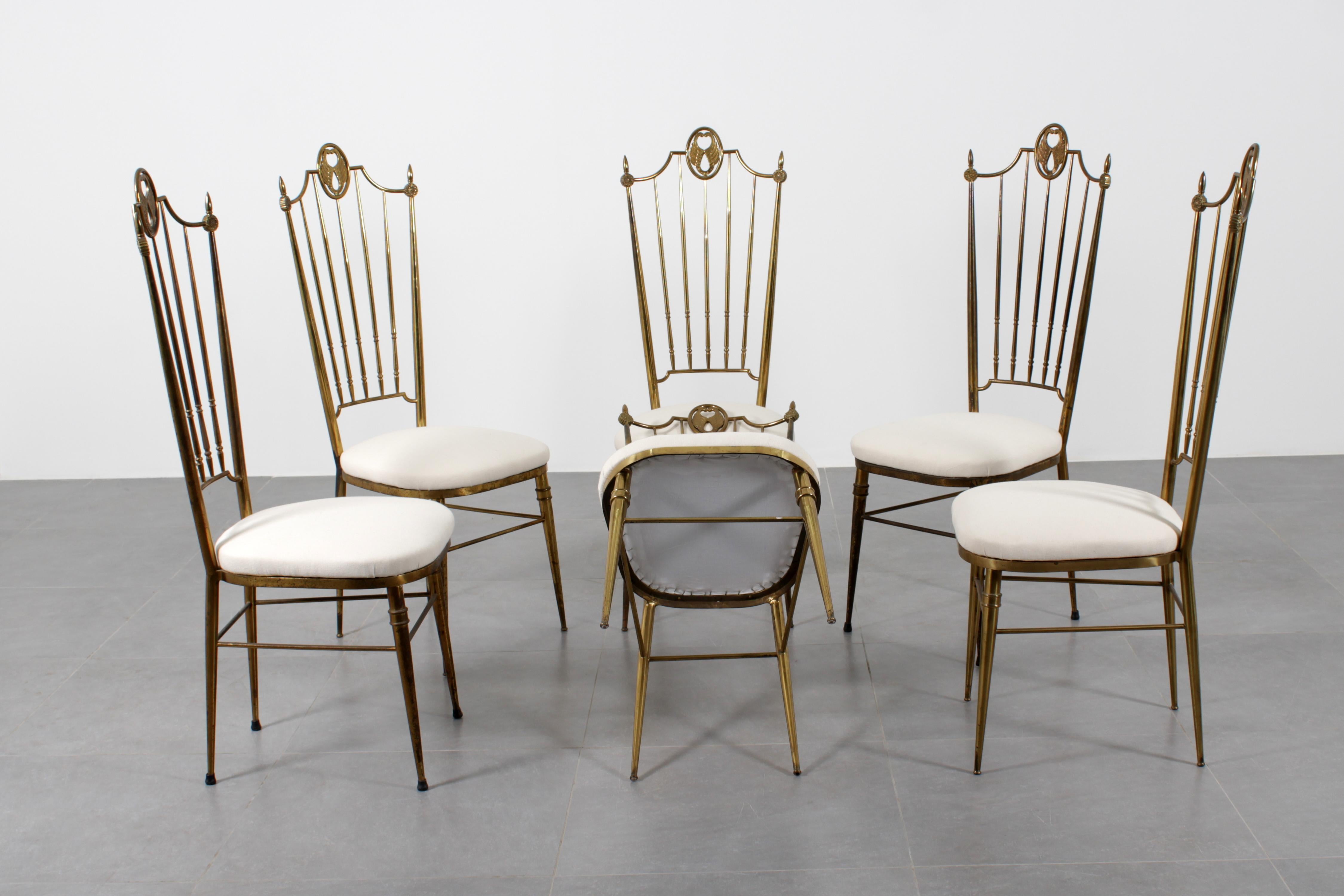Mid-Century G. Descalzi High Espalier Dining Chairs Brass Set of 6,  Italy 50s In Good Condition For Sale In Palermo, IT