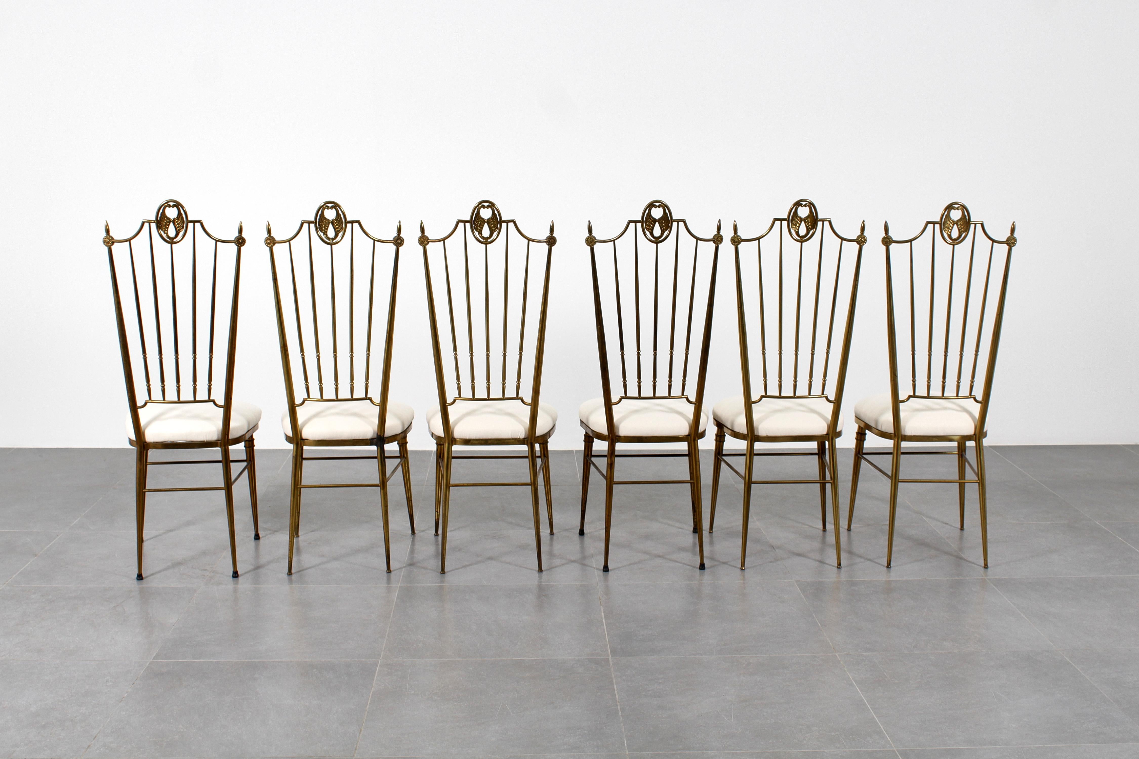 Mid-20th Century Mid-Century G. Descalzi High Espalier Dining Chairs Brass Set of 6,  Italy 50s For Sale