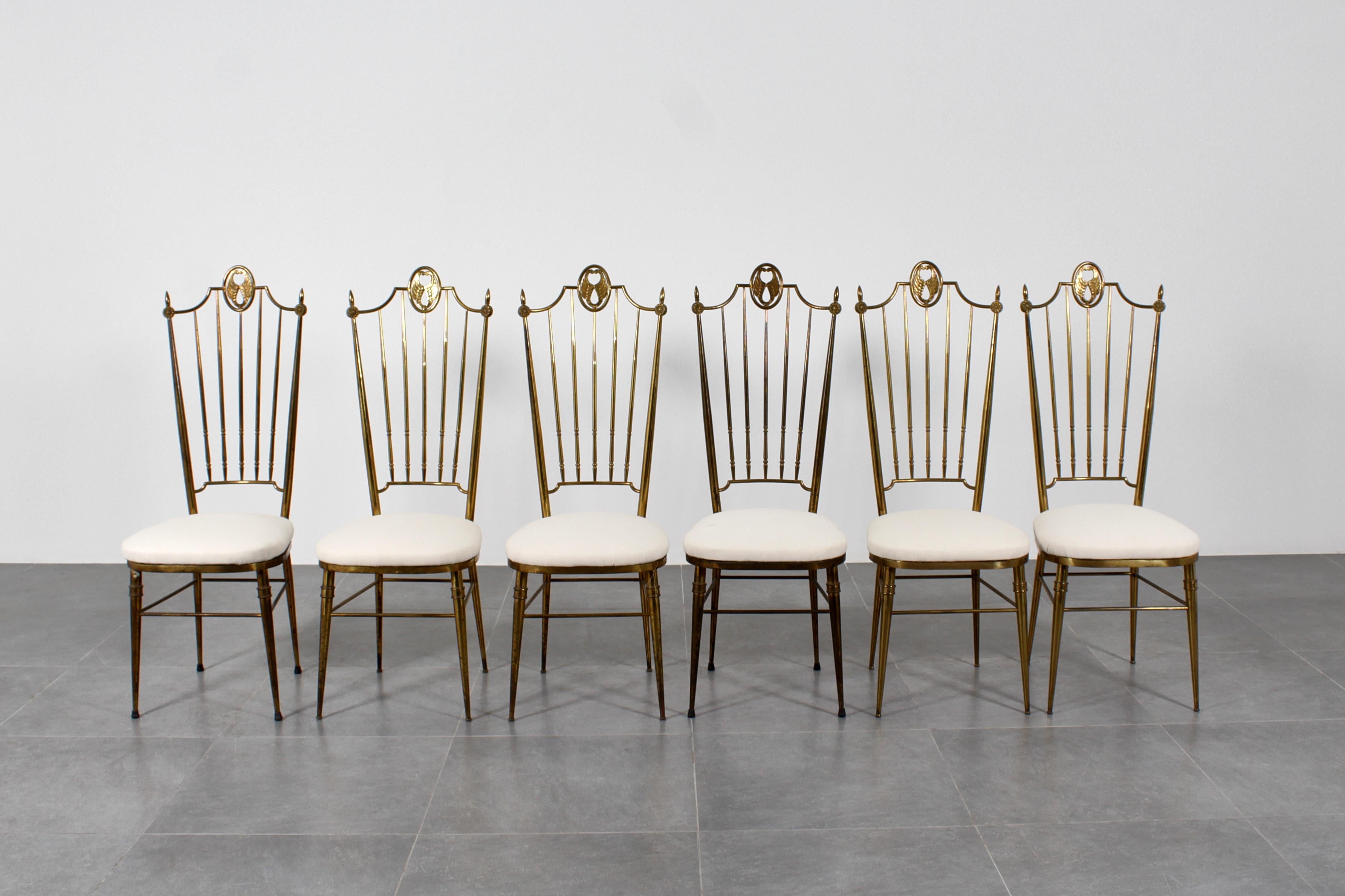 Mid-Century G. Descalzi High Espalier Dining Chairs Brass Set of 6,  Italy 50s For Sale 1
