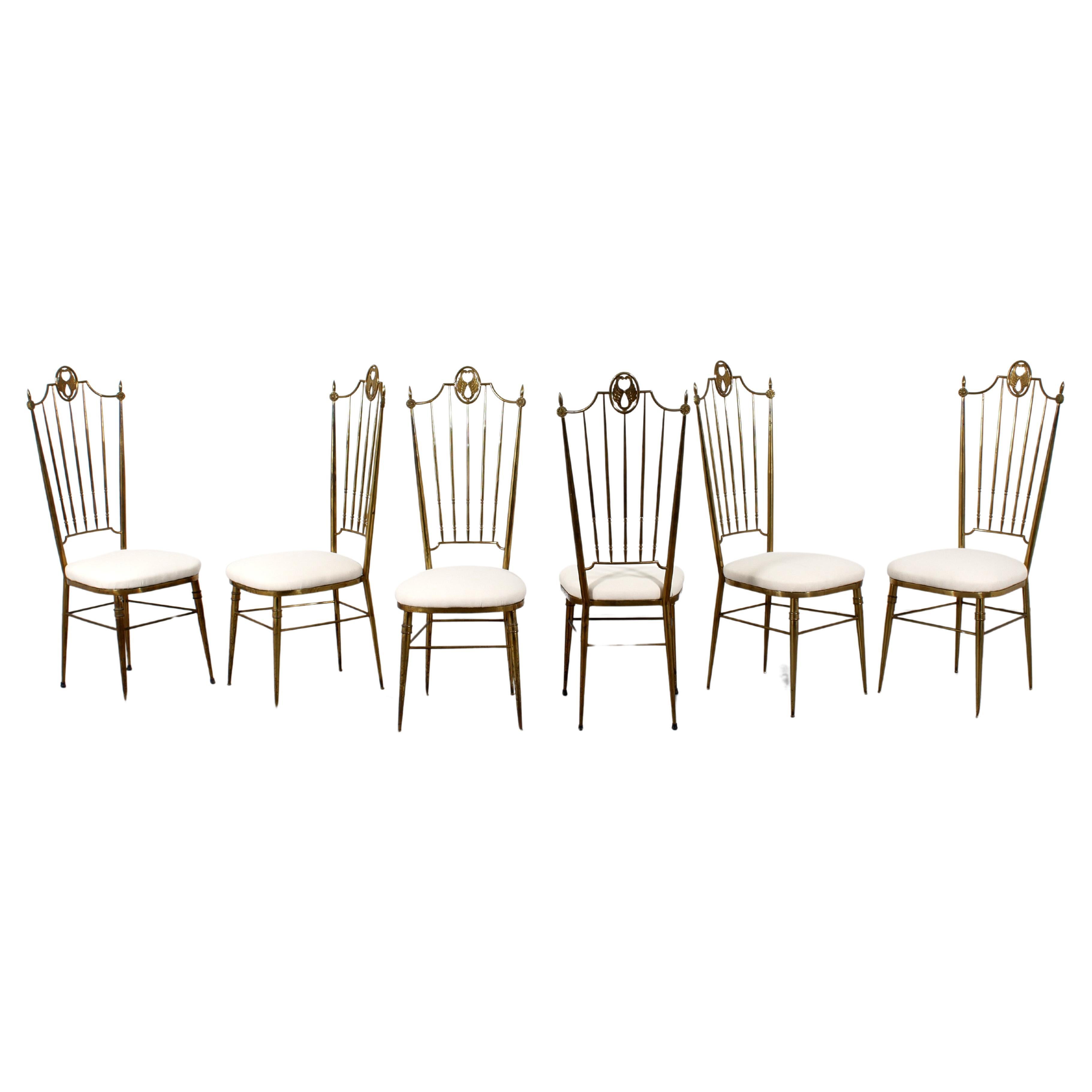 Mid-Century G. Descalzi High Espalier Dining Chairs Brass Set of 6,  Italy 50s For Sale