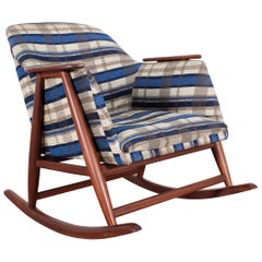 Vintage Midcentury G. Frattini Wooden Rocking Chair Tartan Fabric, Italy, 1960s