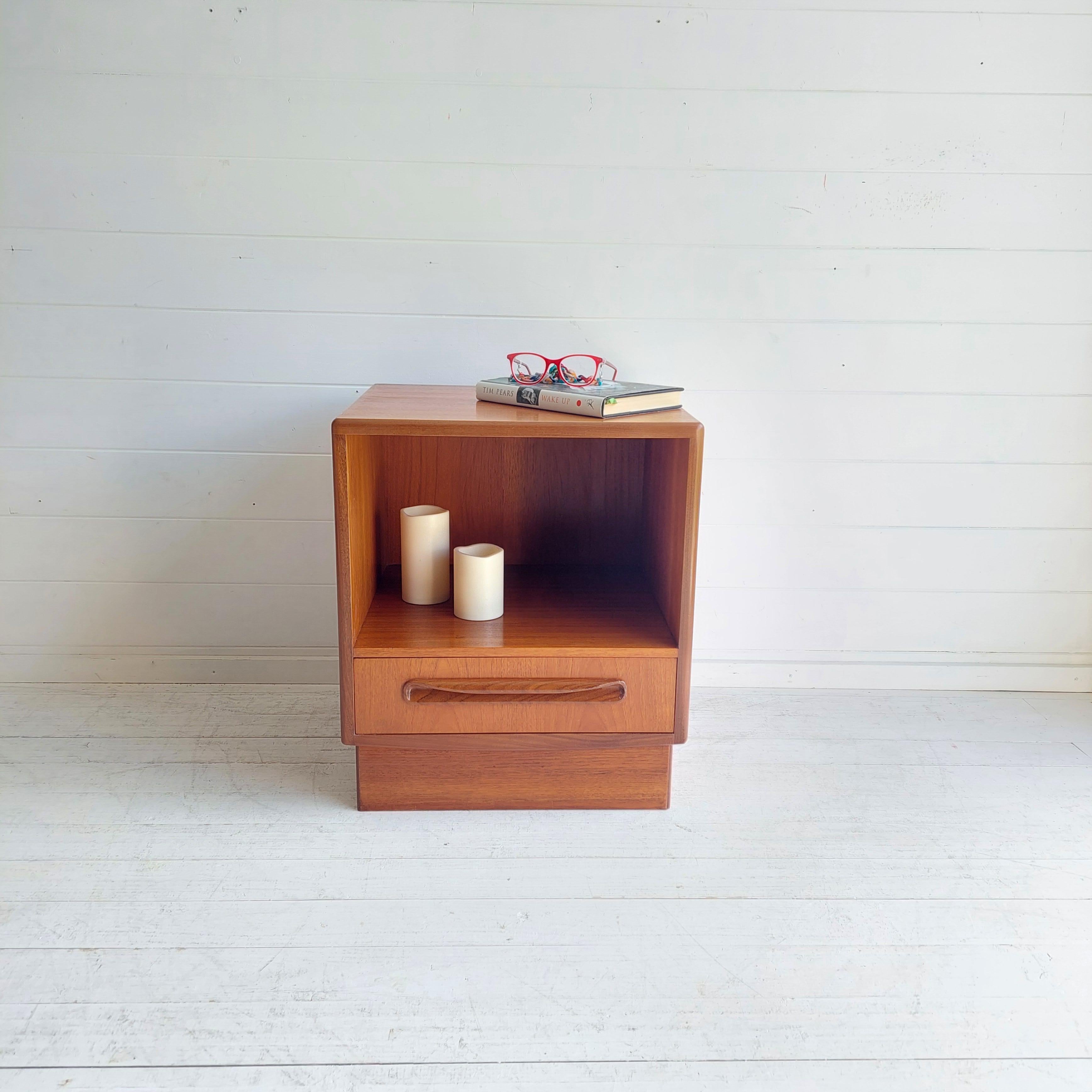G Plan teak Fresco bedside cabinet c 1960/70
Complete with original G Plan stickers of authenticity. 
G Plan Fresco range designed by Victor B. Wilkins was produced during the 1960's. and 70s

These lovely cabinets were not bought in great numbers