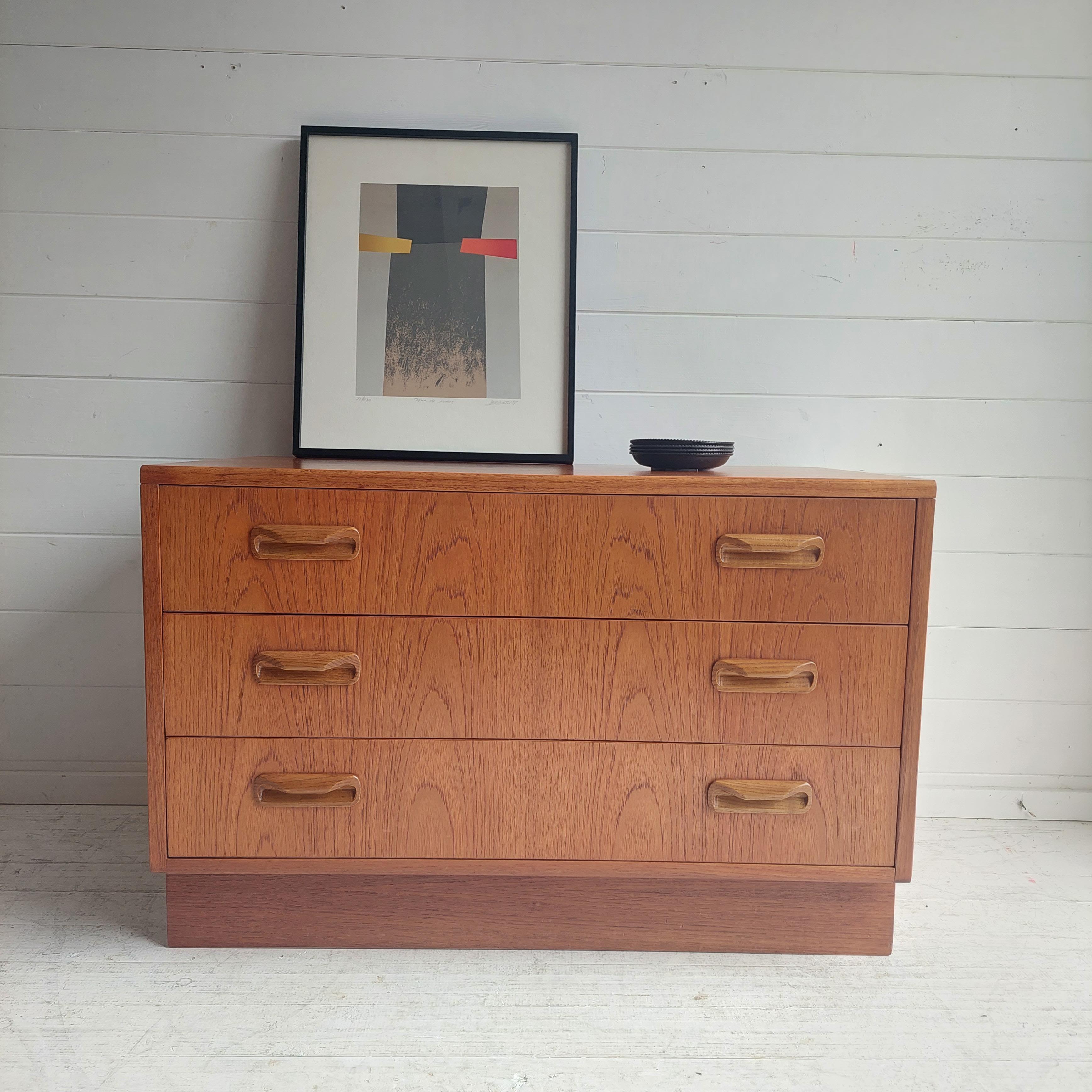 G-Plan Red Label small chest of drawers.
Circa 1960/70s
G Plan Furniture has been noted for many years for its sound construction and excellent design. 
The chest has a beautiful teak ’matchbook’ grain, warm tones and rich colours throughout. 
Both