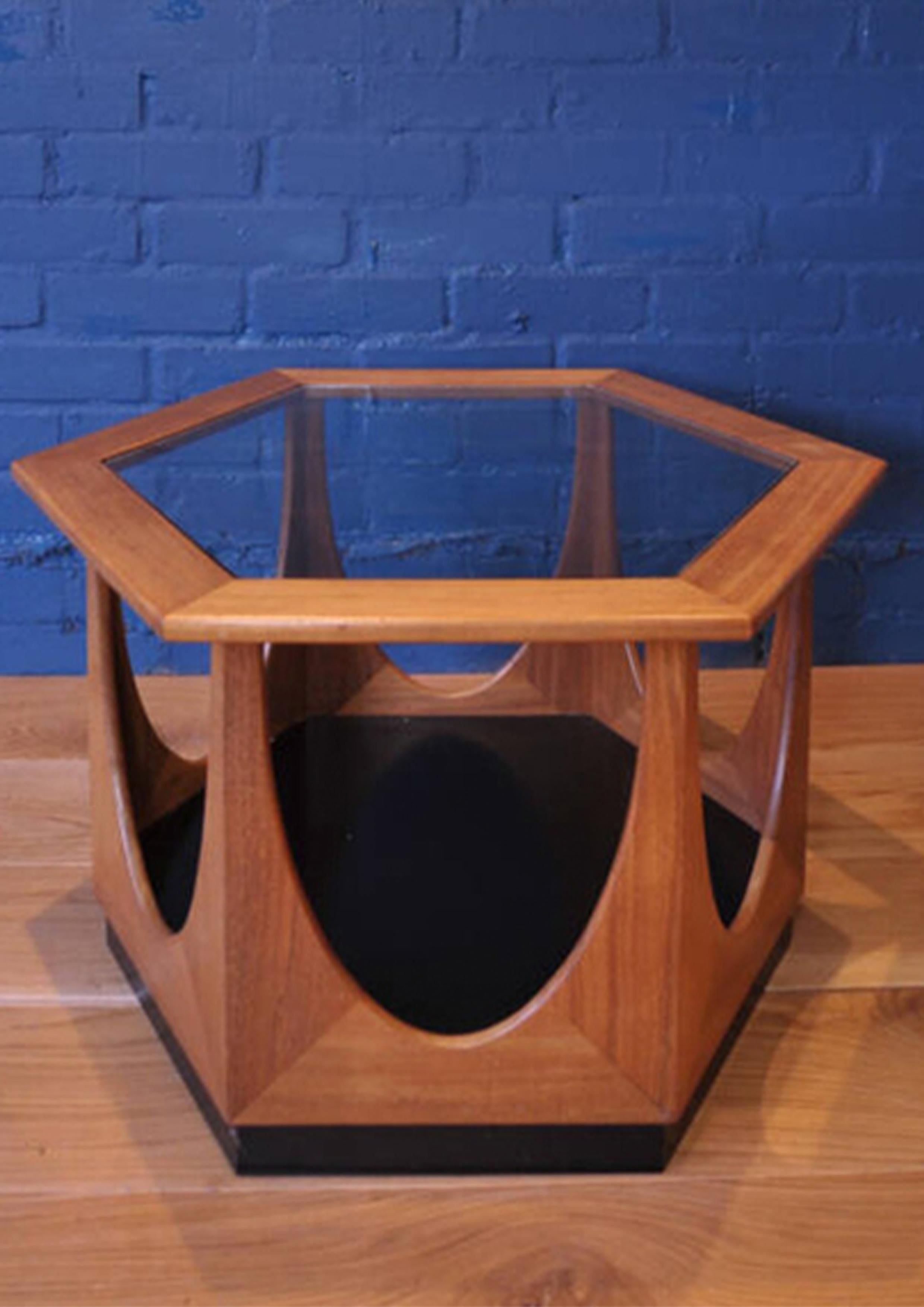 Mid-Century Modern Mid Century Teak Clear Glazed Hexagonal Coffee Table With Black Plinth Base For Sale