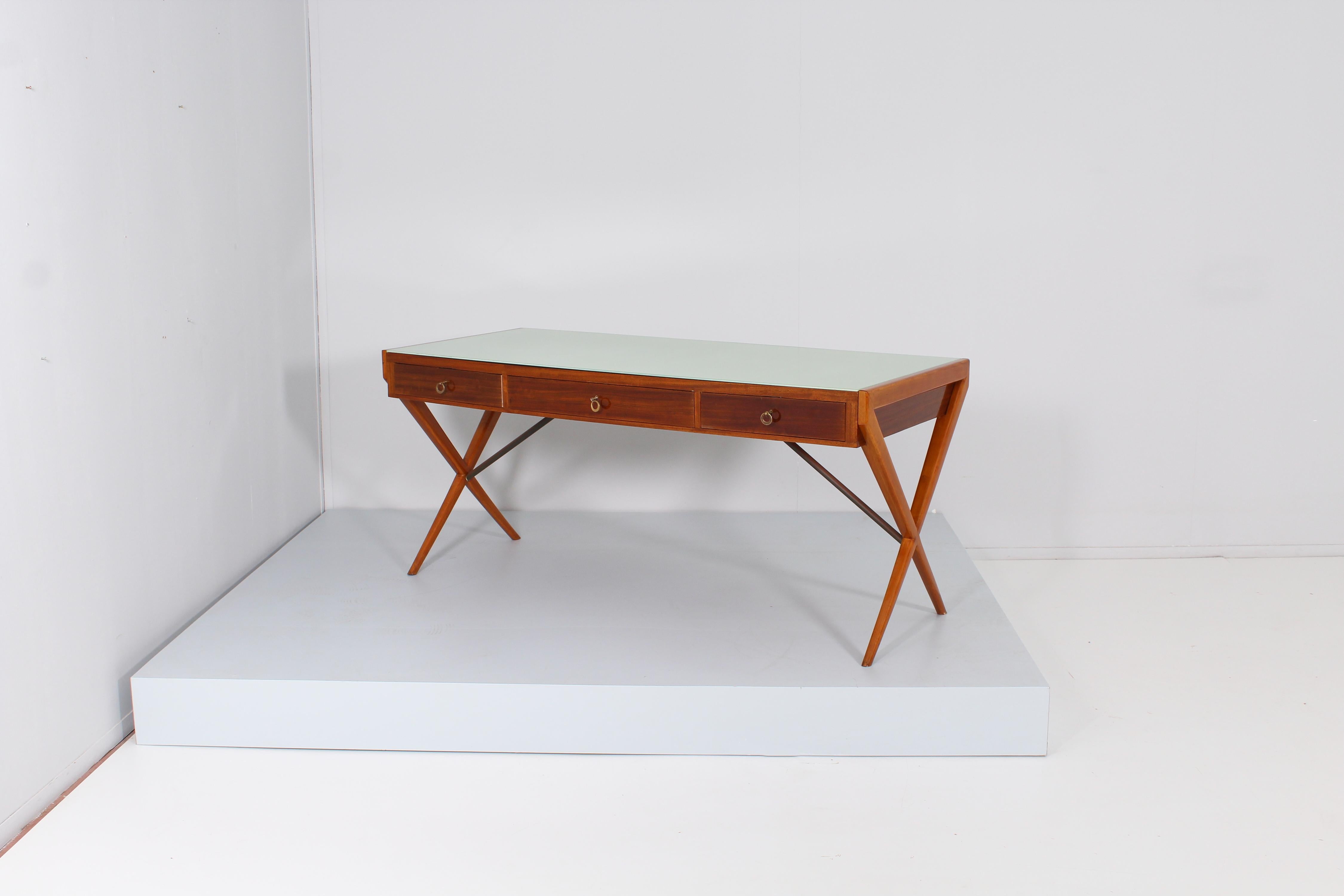 Italian Mid-Century G. Ponti Geometric Wood and Green Glass Desk Table Italy 1950s