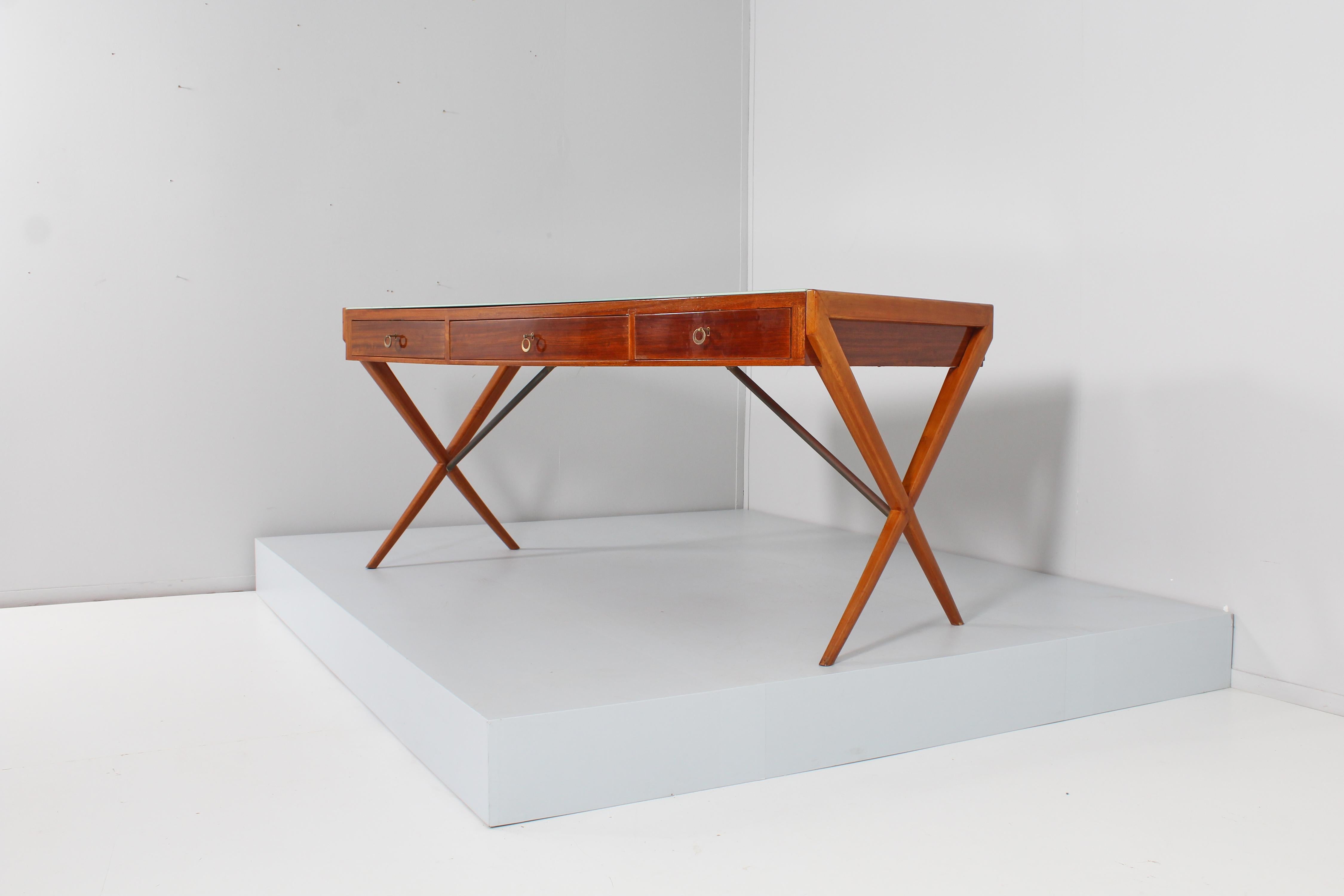 Mid-Century G. Ponti Geometric Wood and Green Glass Desk Table Italy 1950s 1