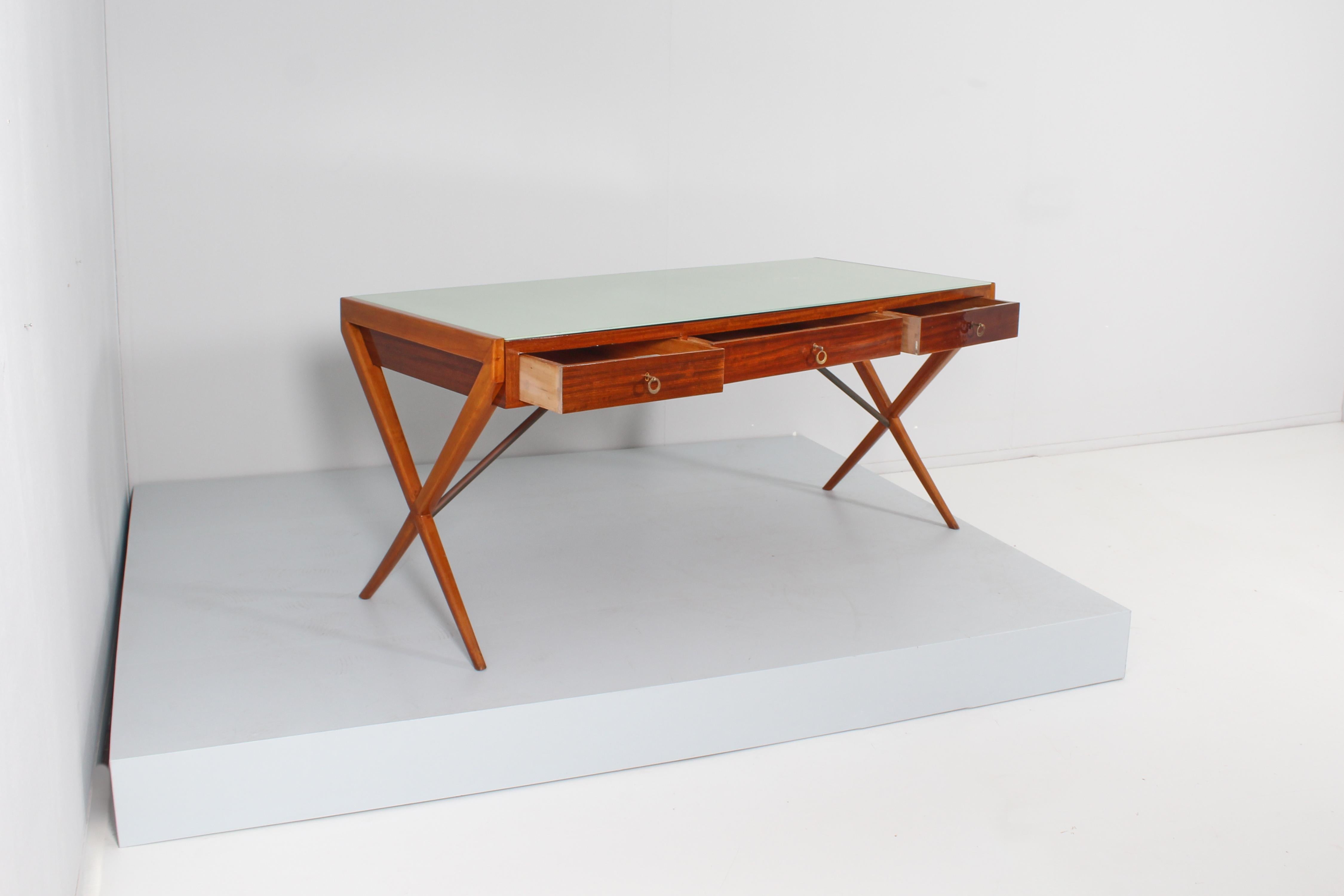 Mid-Century G. Ponti Geometric Wood and Green Glass Desk Table Italy 1950s 2