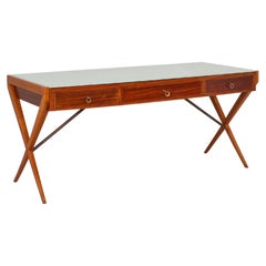 Mid-Century G. Ponti Geometric Wood and Green Glass Desk Table Italy 1950s