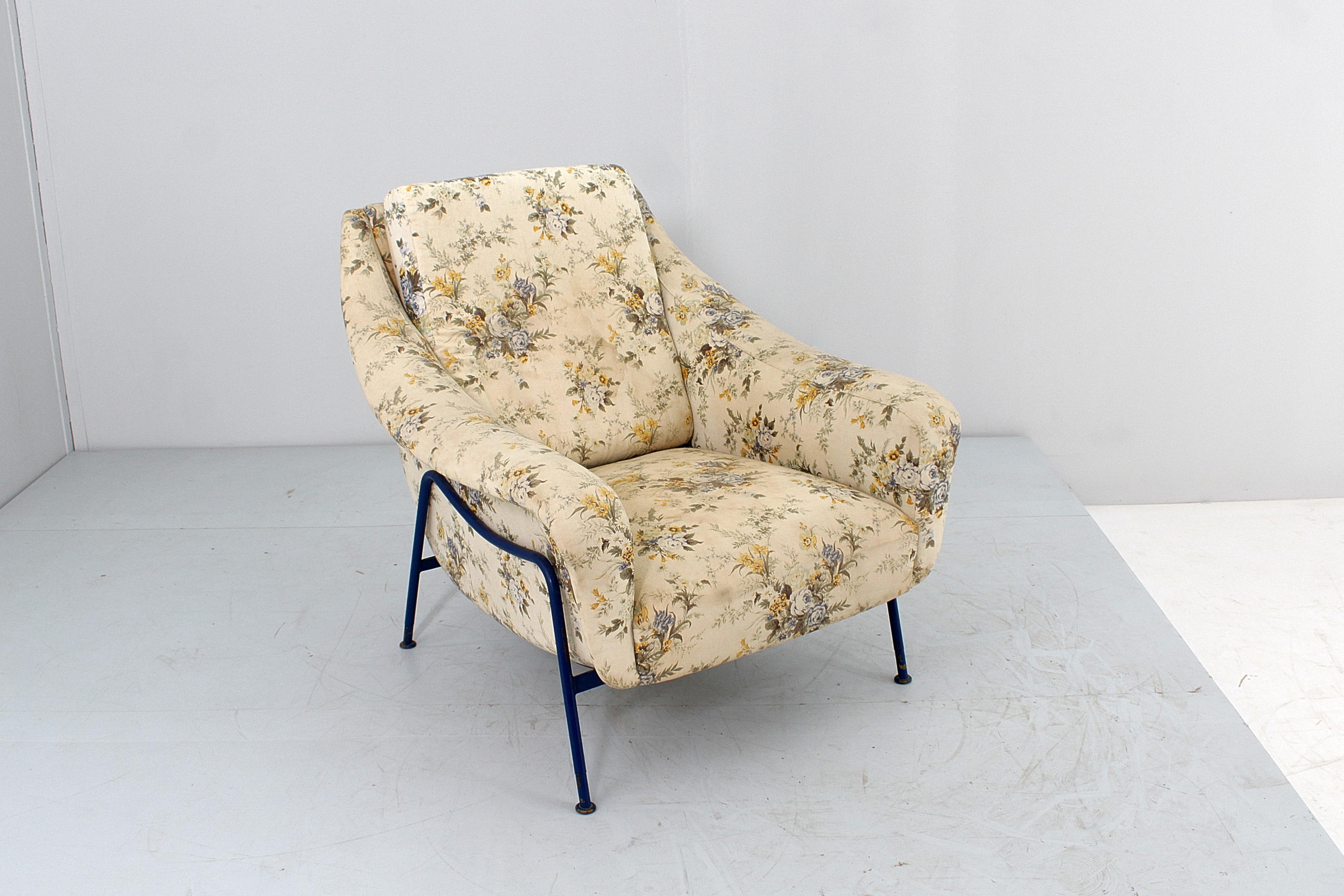 Mid-Century G. Rinaldi Style Blue Metal and Fabric Armchairs, Italy 1950s For Sale 8