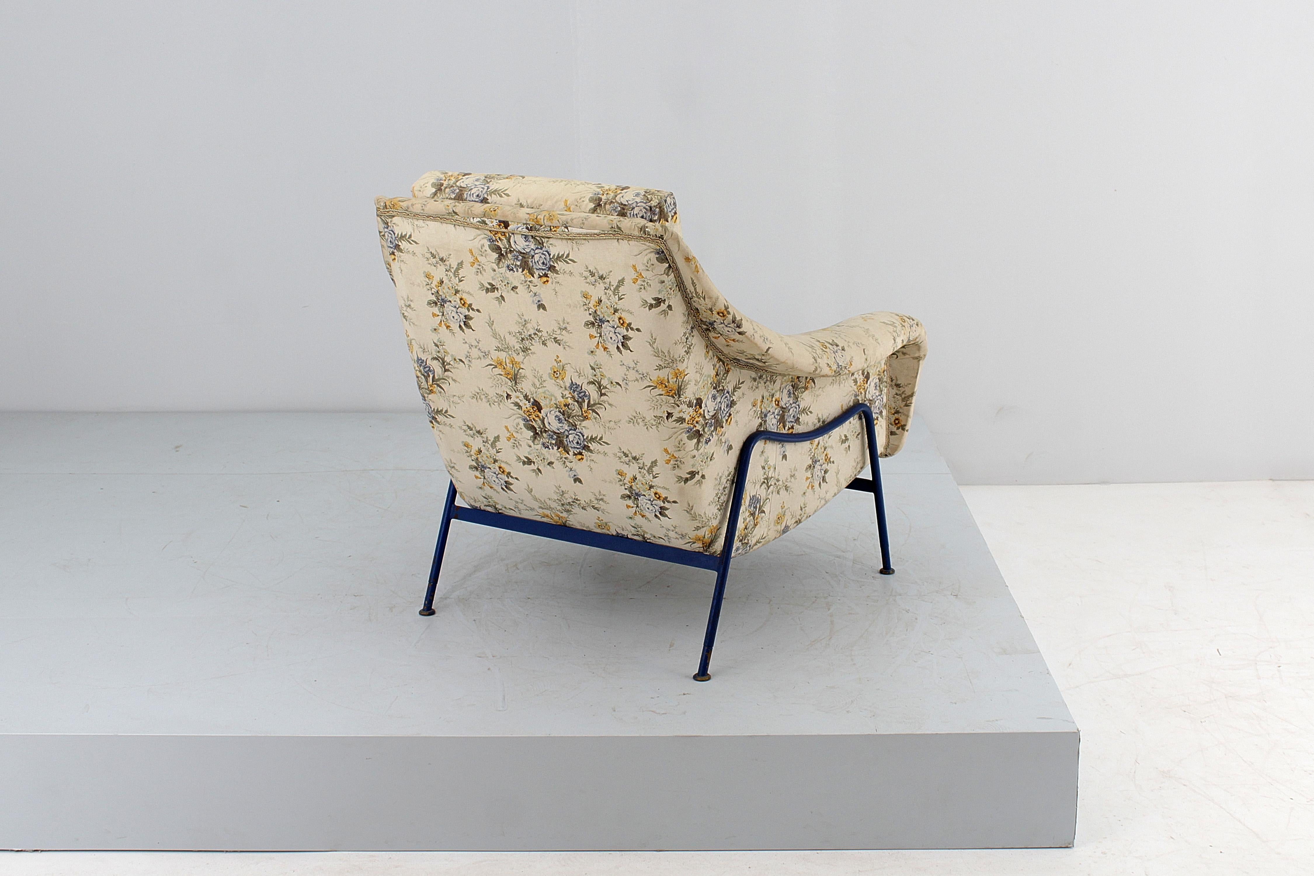 Italian Mid-Century G. Rinaldi Style Blue Metal and Fabric Armchairs, Italy 1950s For Sale