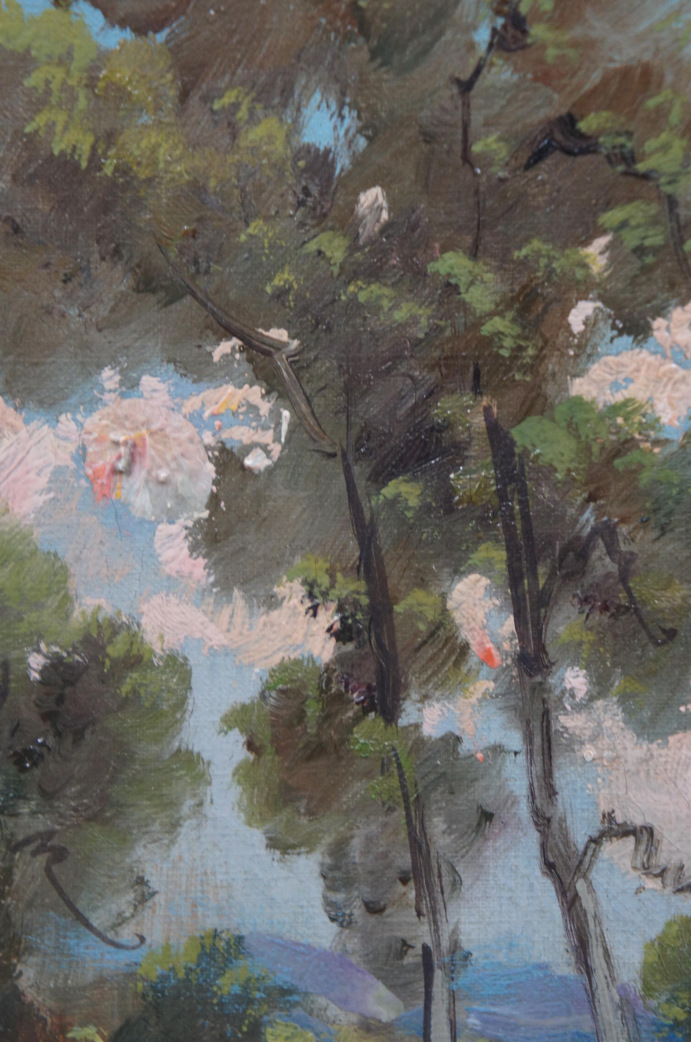 Peinture à l'huile sur toile du milieu du siècle de G. Rovatti Paysage fluvial avec personnages en vente 6