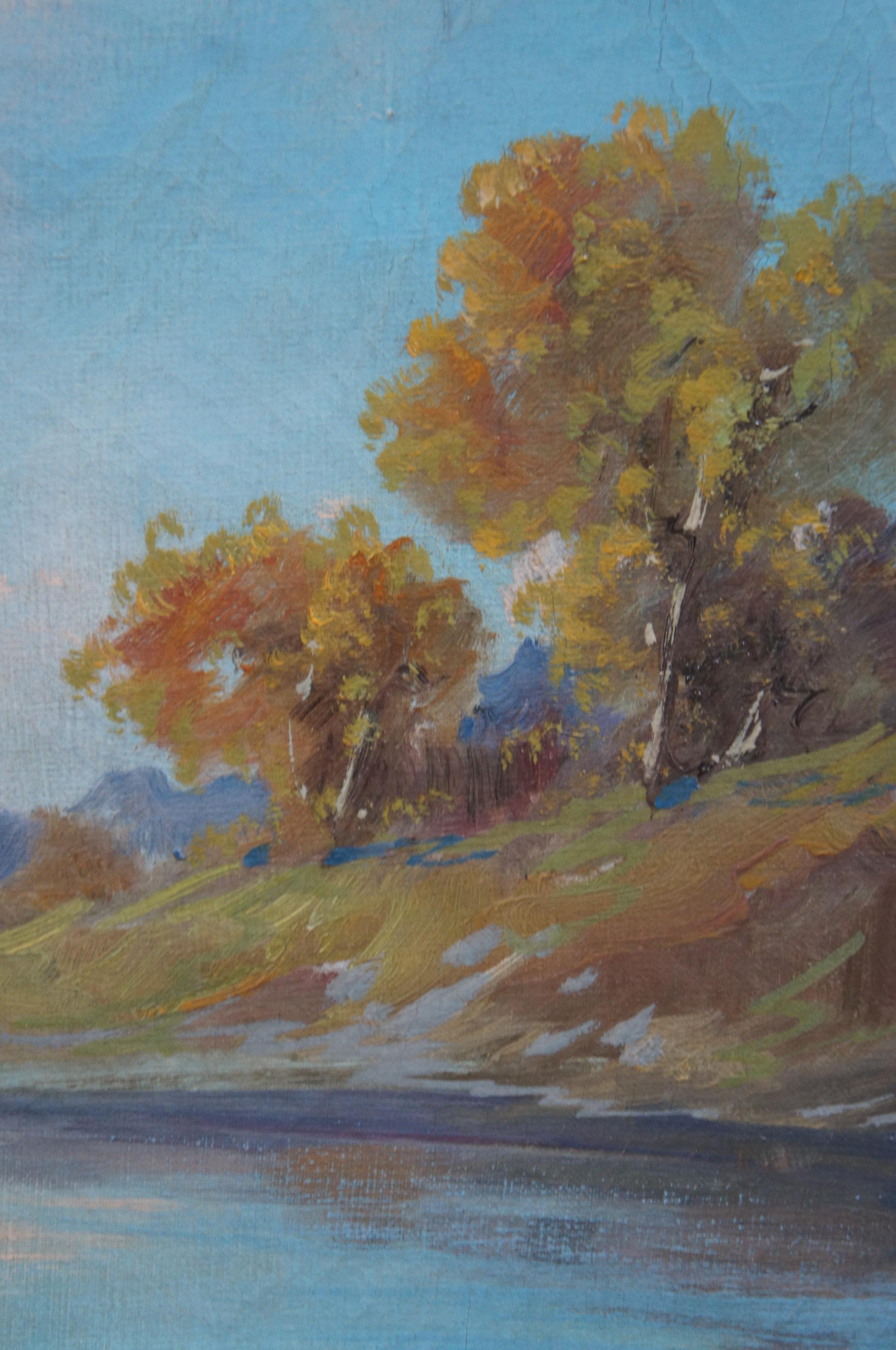 Peinture à l'huile sur toile du milieu du siècle de G. Rovatti Paysage fluvial avec personnages en vente 7