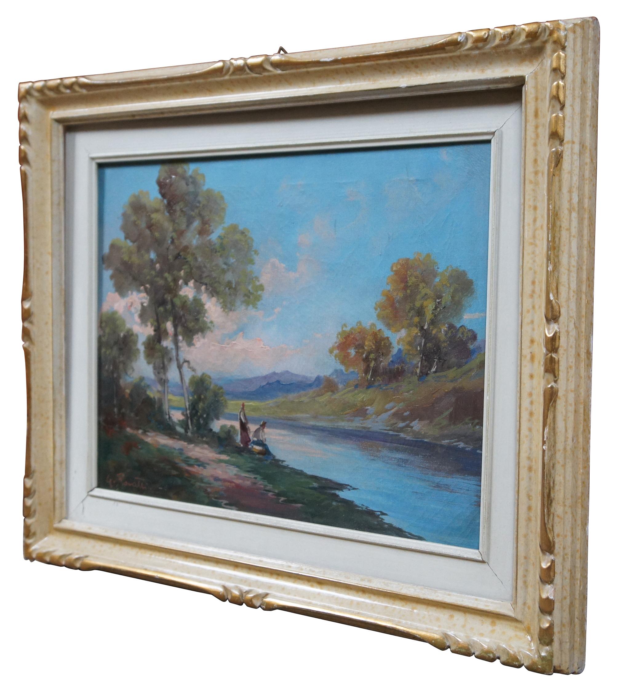 Mid century oil on canvas landscape painting showing a tree lined river with two figures washing linens. Signed in the lower left G. Rovatti.

Measures: 21” x 1.75” x 17” / Sans frame - 15.25” x 11.25” (width x depth x height).
 