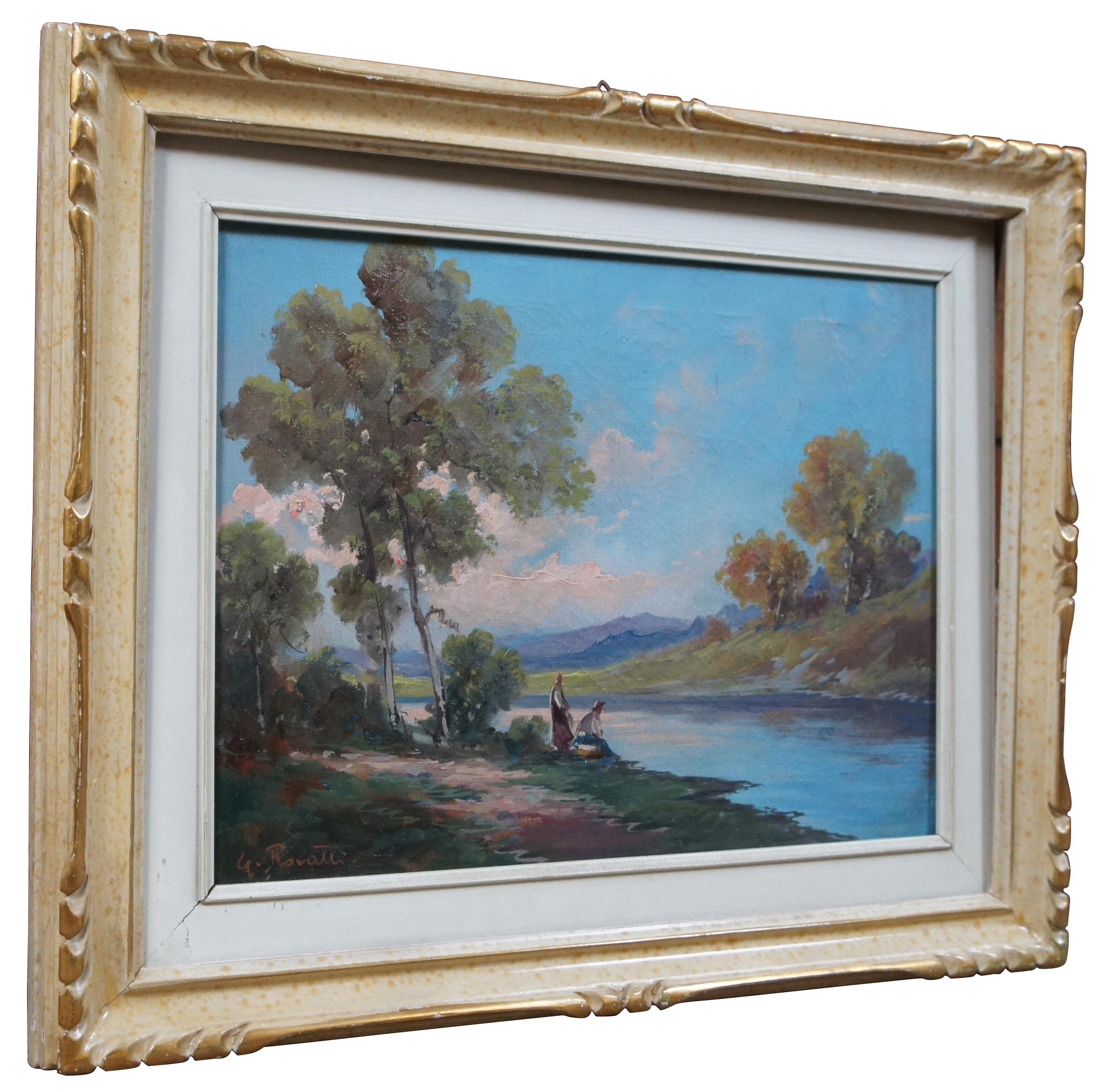 Mid-Century G. Rovatti Oil Painting on Canvas River Landscape W Figures In Good Condition For Sale In Dayton, OH