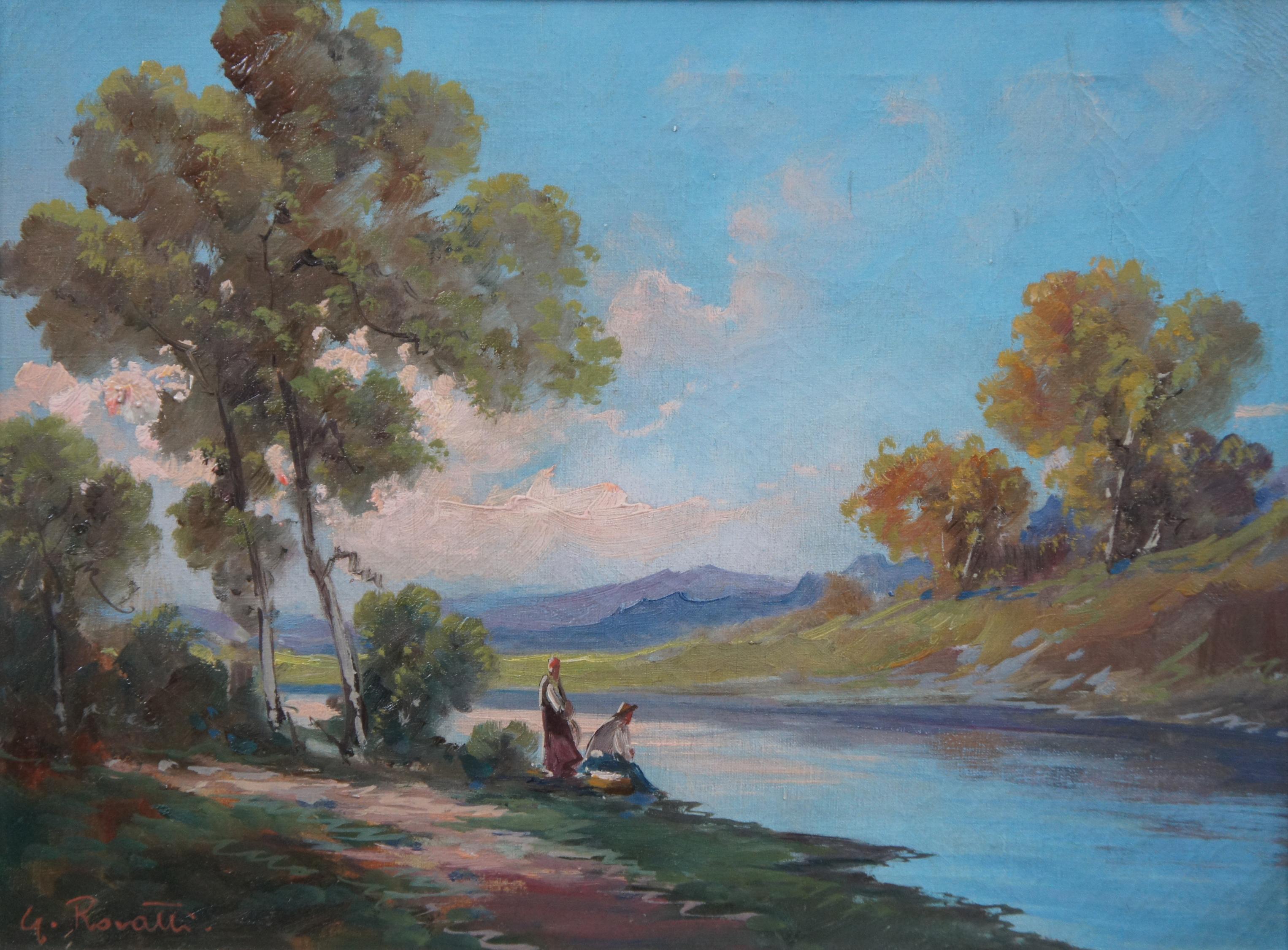 Toile Peinture à l'huile sur toile du milieu du siècle de G. Rovatti Paysage fluvial avec personnages en vente