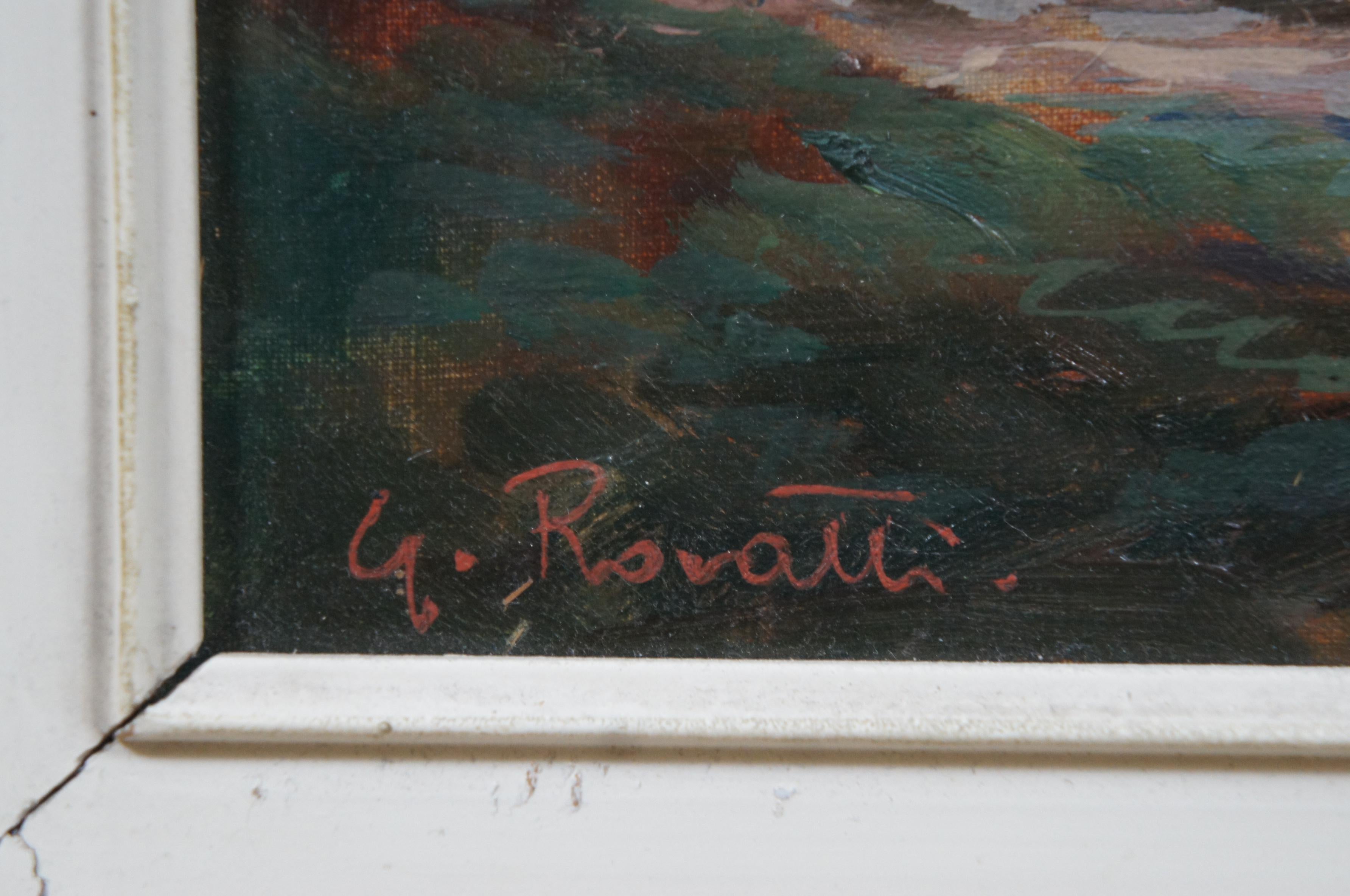 Peinture à l'huile sur toile du milieu du siècle de G. Rovatti Paysage fluvial avec personnages en vente 3