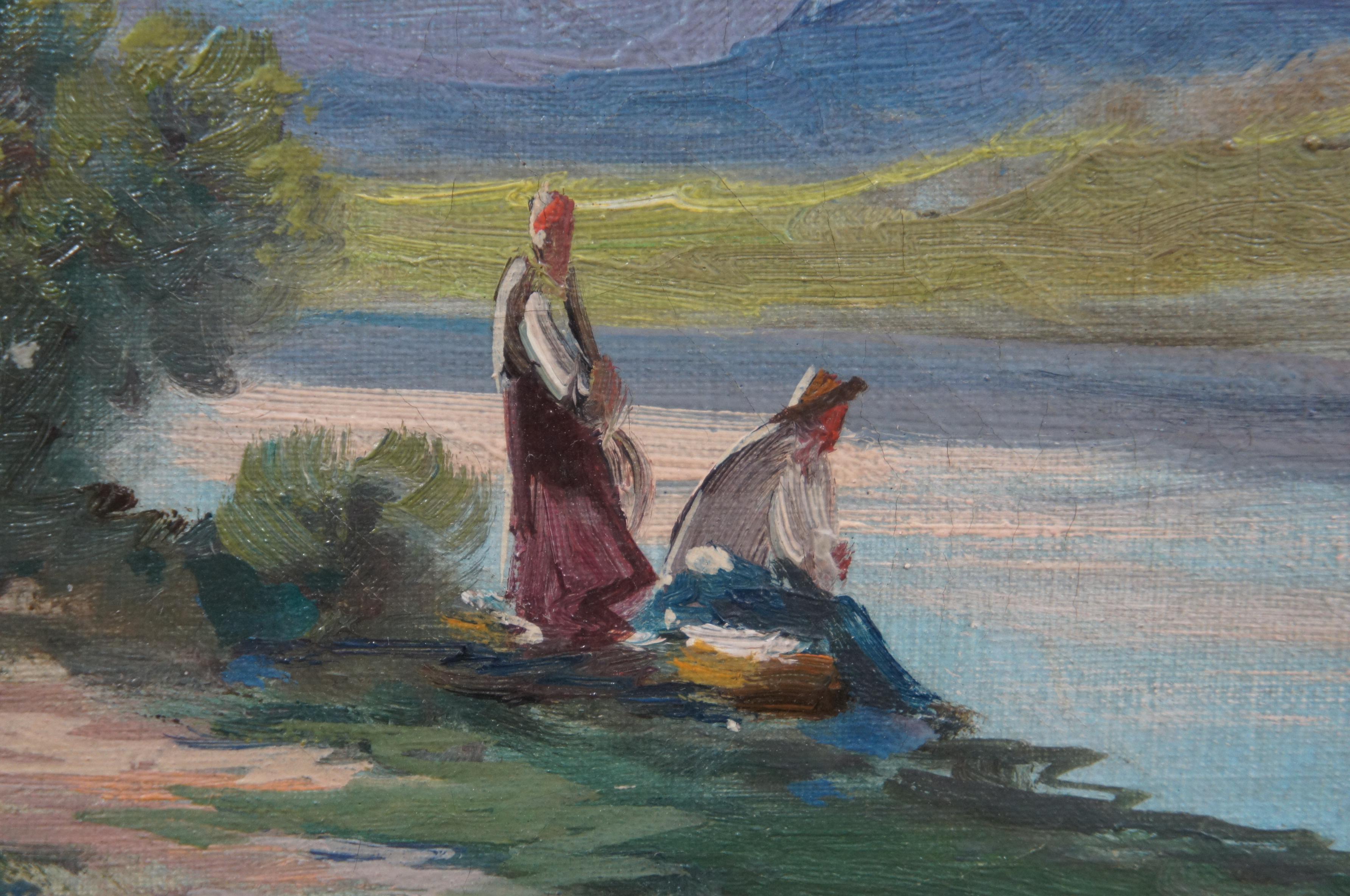 Peinture à l'huile sur toile du milieu du siècle de G. Rovatti Paysage fluvial avec personnages en vente 4