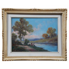 Vintage Mid-Century G. Rovatti Oil Painting on Canvas River Landscape W Figures