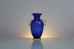 Mid-Century Gambaro & Poggi Blue and Gold Leaf Murano Glass Vase 70s Italy