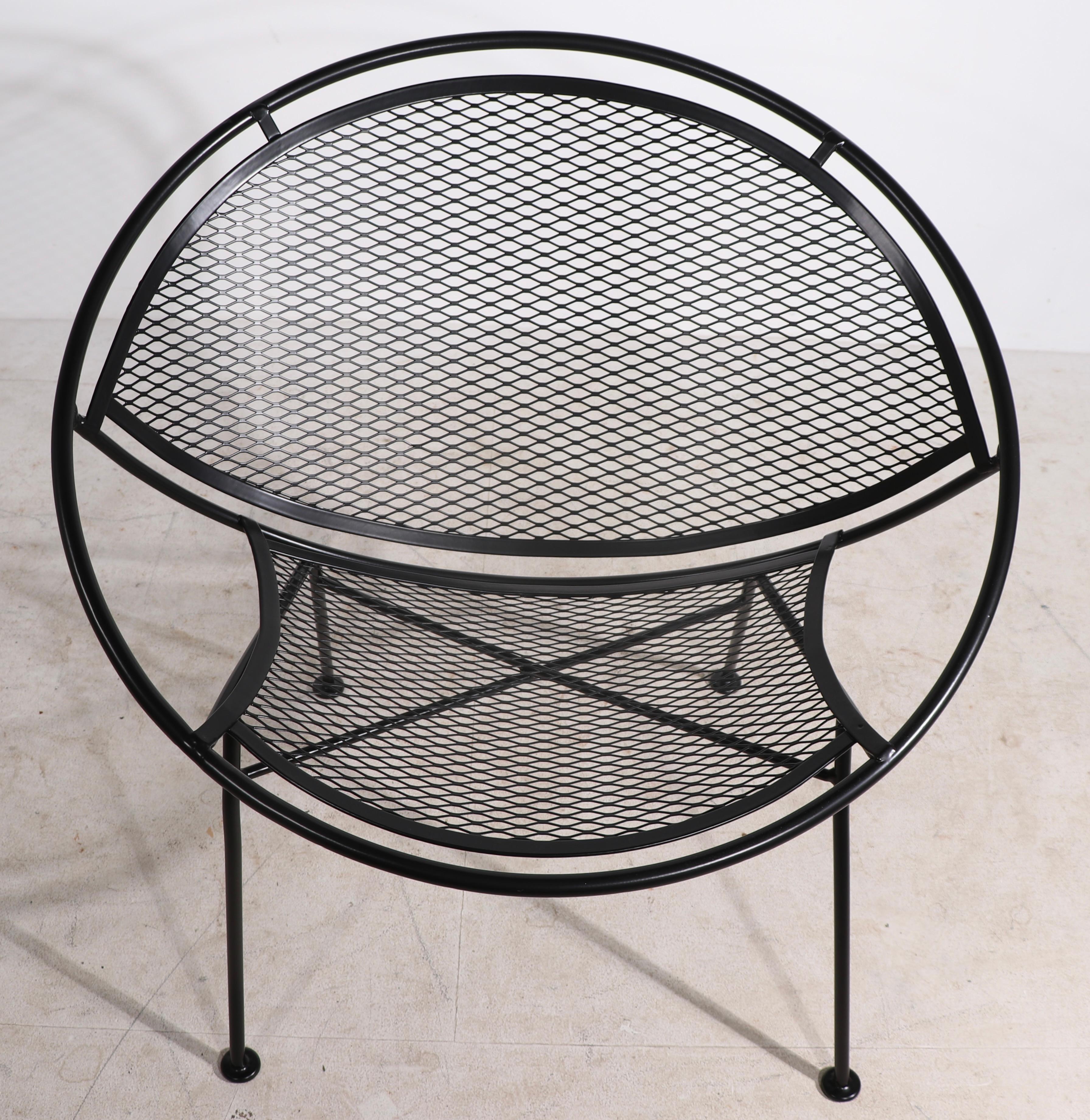 Chic garden, patio, poolside chair from the desirable Radar series, by Salterini. This example is newly powder coated in voguish black satin finish. Clean, ready to use condition.