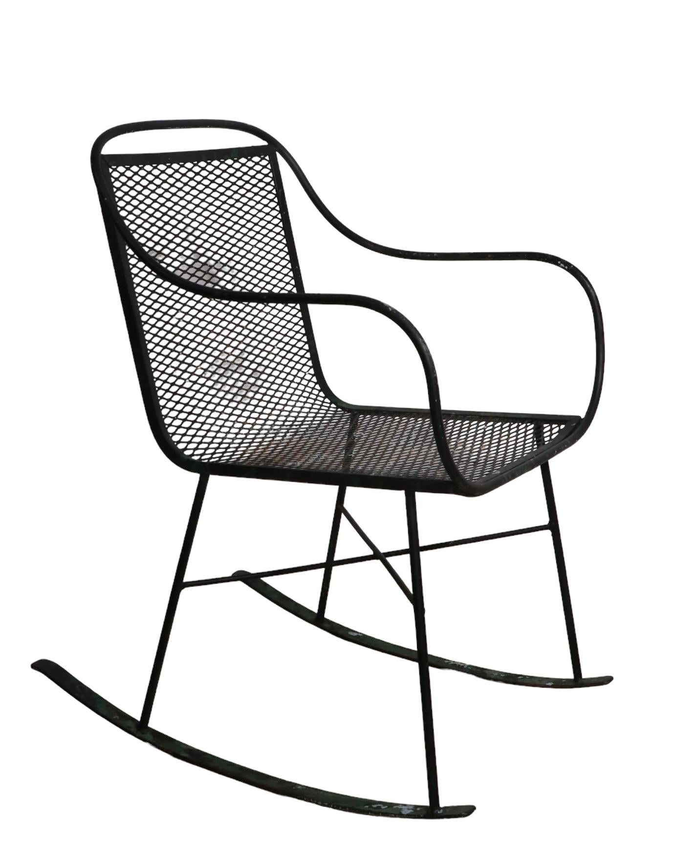 American Mid Century Garden Patio Wrought Iron Rocking Chair Att. to Salterini For Sale