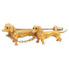 Mid Century Garnet 18 Karat Yellow Gold Double Dachshund Brooch