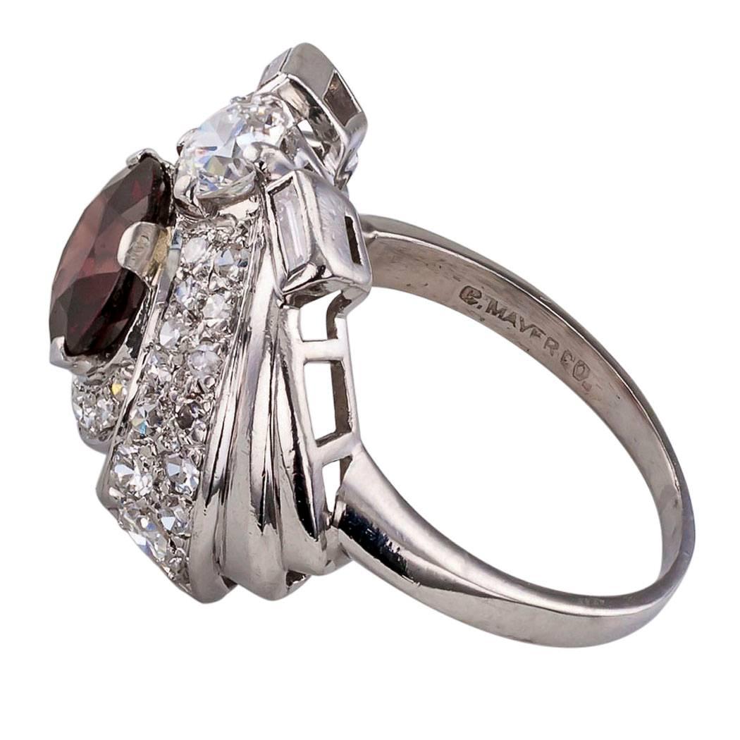 Modernist Midcentury Garnet Diamond Platinum Cluster Ring