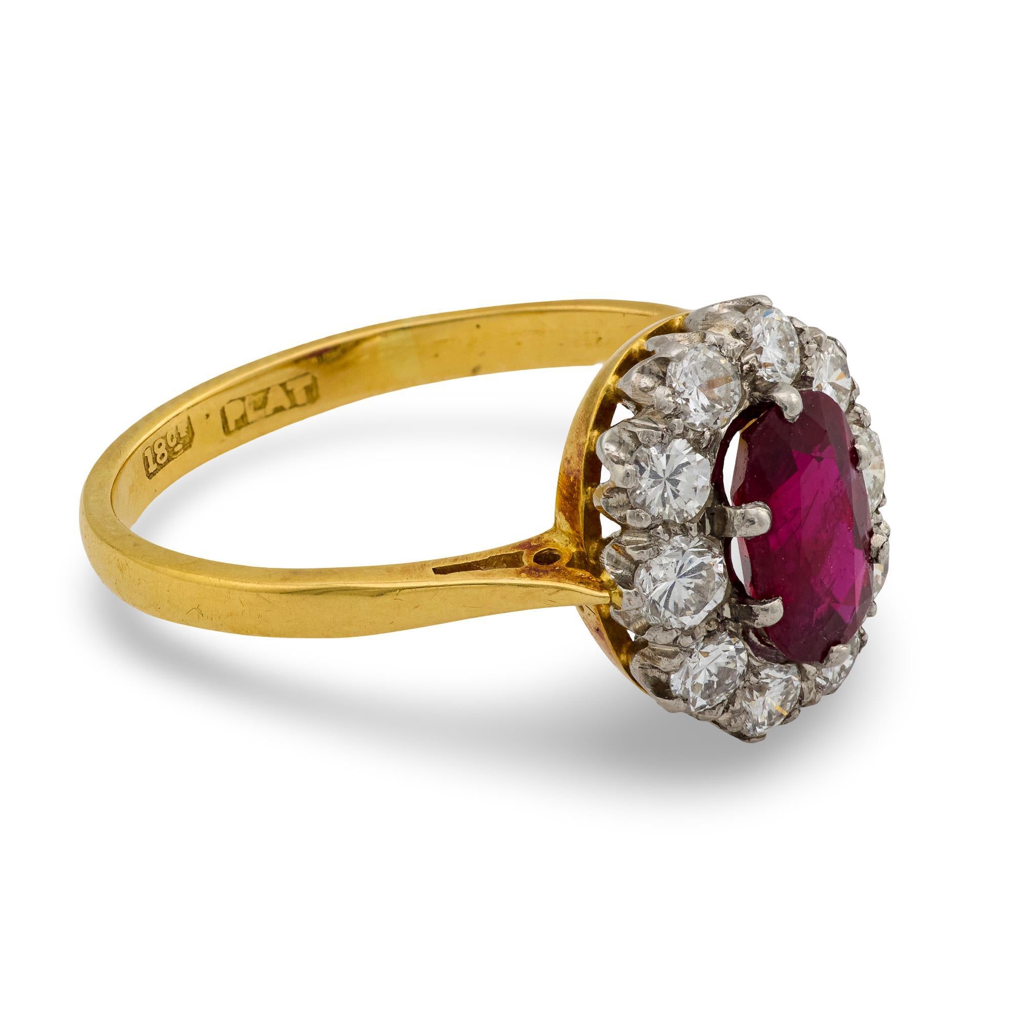 Modern Mid Century GCS 1 carat ruby diamond 18k yellow gold platinum cluster ring For Sale