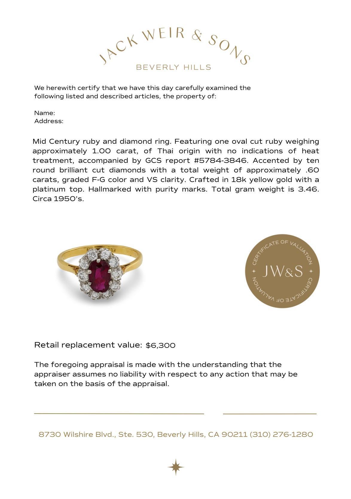 Mid Century GCS 1 carat ruby diamond 18k yellow gold platinum cluster ring For Sale 1