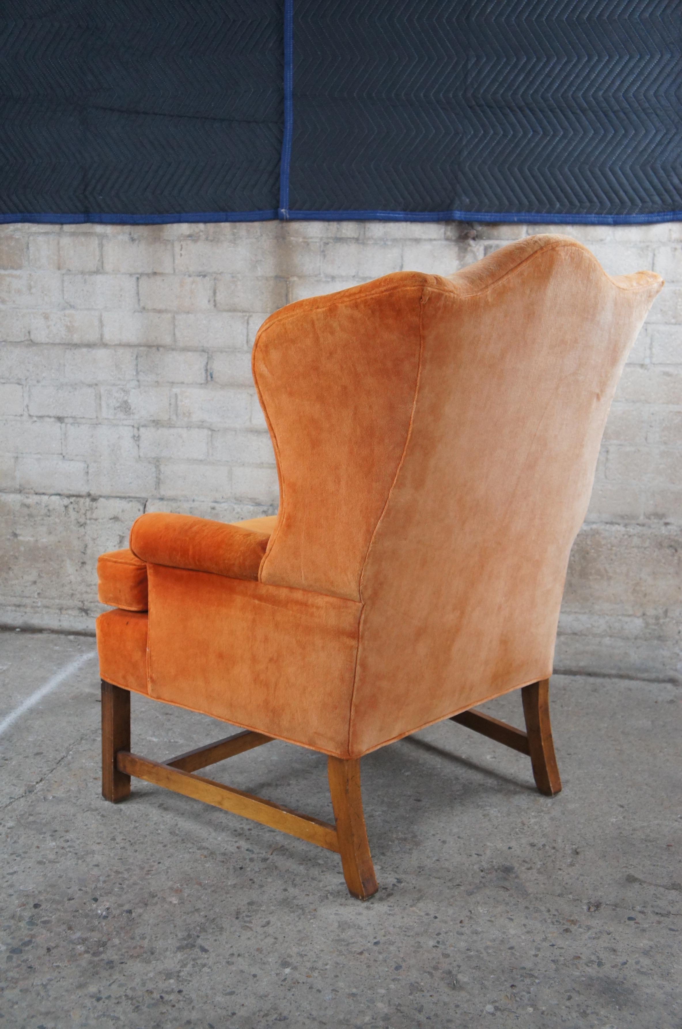 Mid Century General Interiors Corp Orange Velvet Library Wingback Arm Chair In Good Condition In Dayton, OH