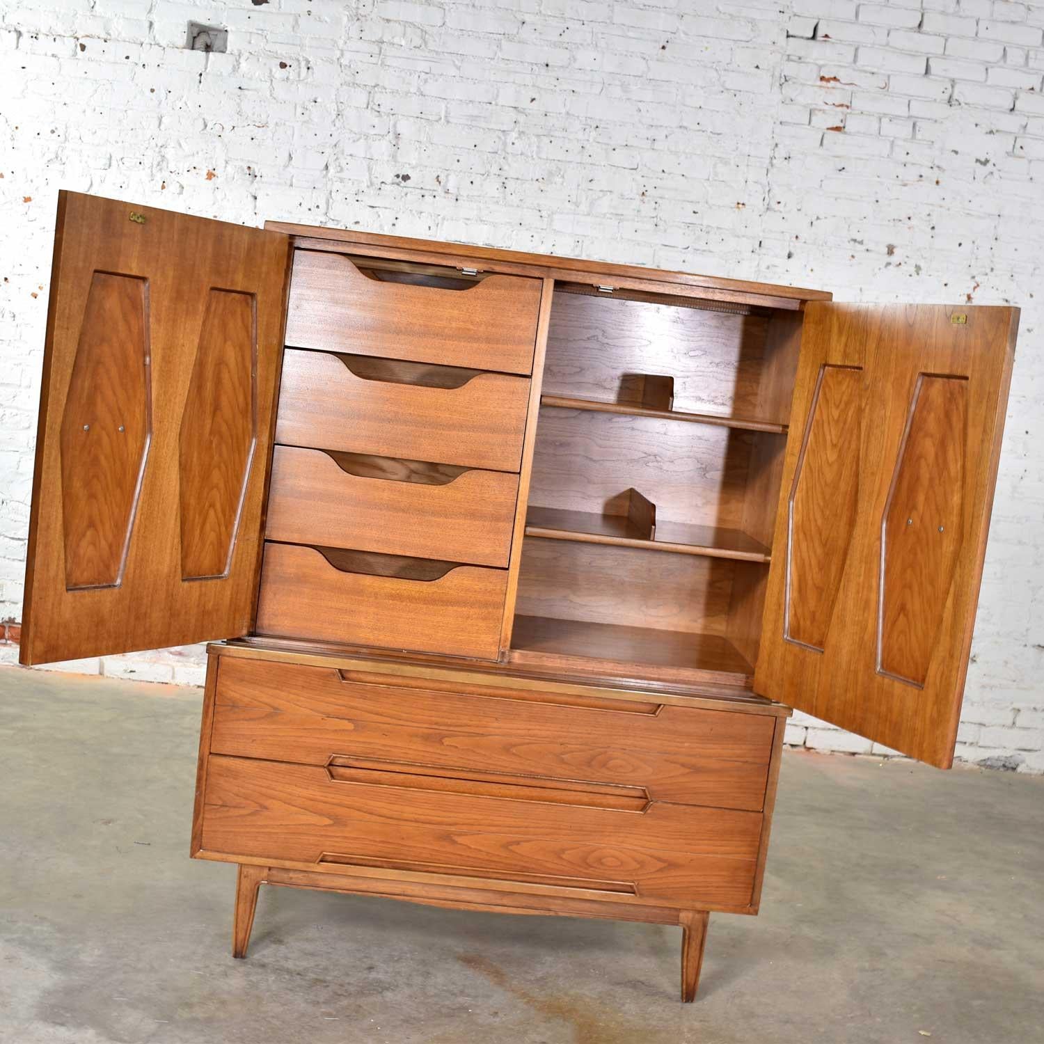 American Midcentury Gentlemen’s Chest with Hexagon Paneled Design and Brass Hardware For Sale