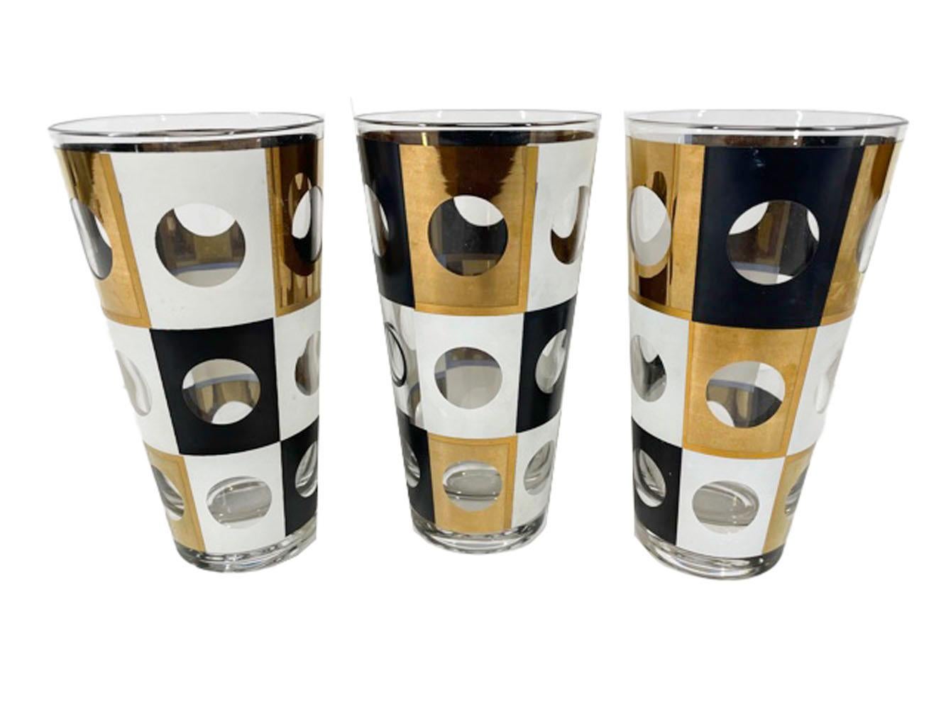 Glass Mid-Century Geometric Barware Set in Black and White Enamel with 22 Karat Gold For Sale