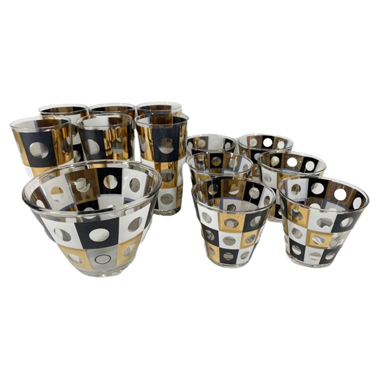 Mid-Century Geometric Barware Set in Black and White Enamel with 22 Karat Gold