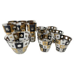 Mid-Century Geometric Barware Set in Black and White Enamel with 22 Karat Gold