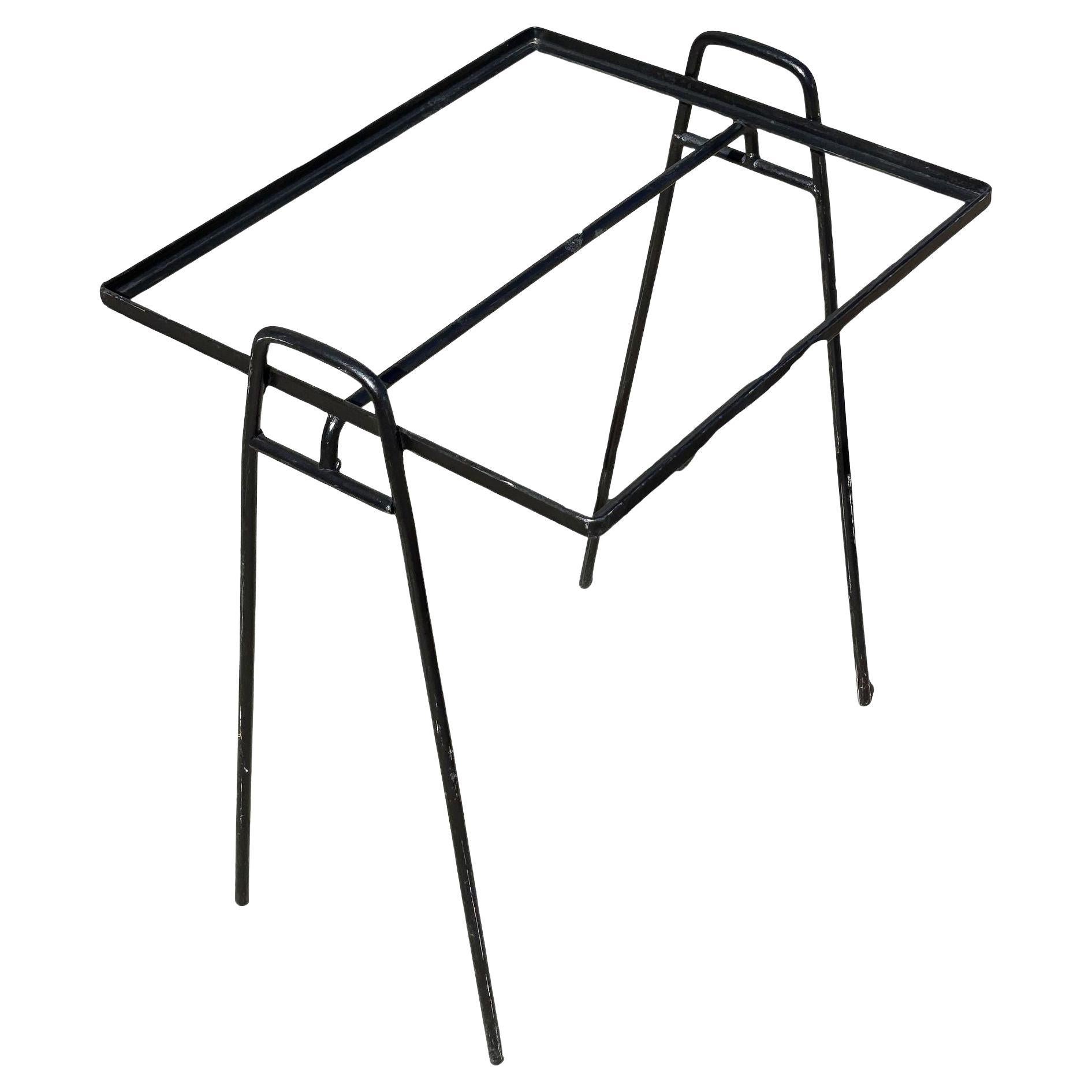 Mid-century Geometric Black Iron Patio/Outdoor Side Drinks Table w/ Glass Top For Sale