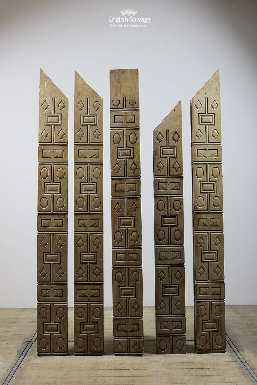 European Midcentury Geometric Carved Oak Panels, 20th Century For Sale