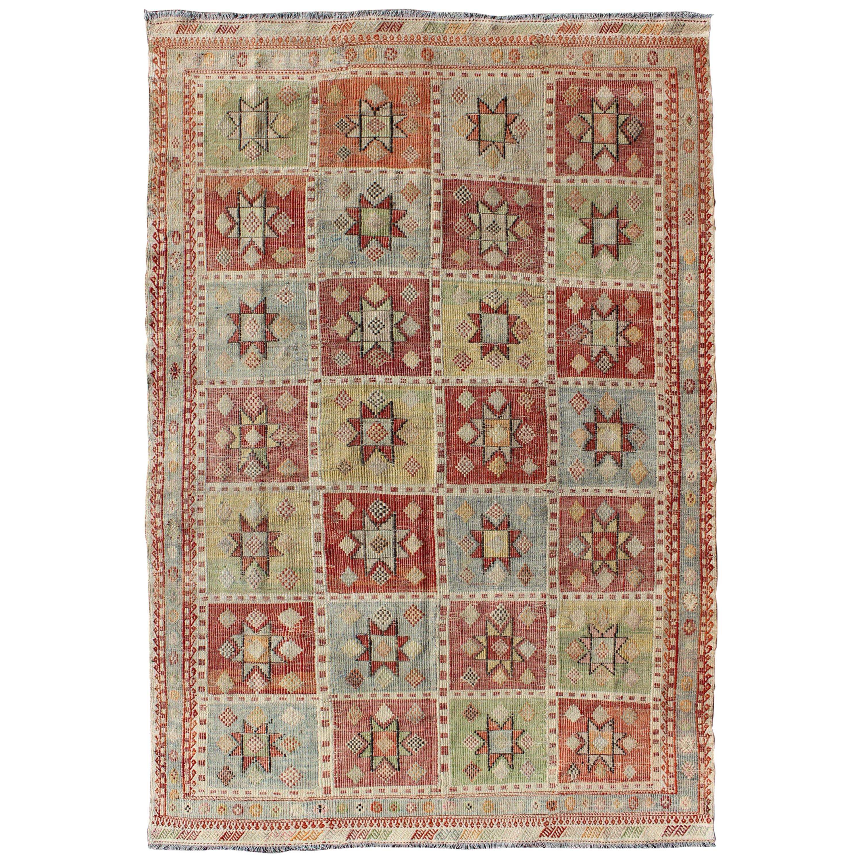 Midcentury Geometric Checkerboard Embroidered Flat-Weave Kilim Rug with Stars For Sale