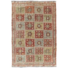 Midcentury Geometric Checkerboard Embroidered Flat-Weave Kilim Rug with Stars