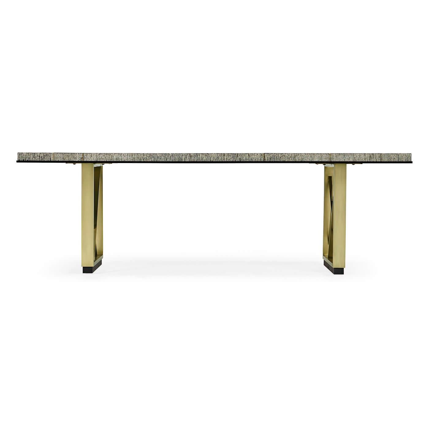 A mid century style geometric dining table. Inspired by the work of the Minimalists, this table is constructed of hardwoods with a ceruse finish. The top features oak veneer with solid brass inlays in a composition reminiscent of American visual