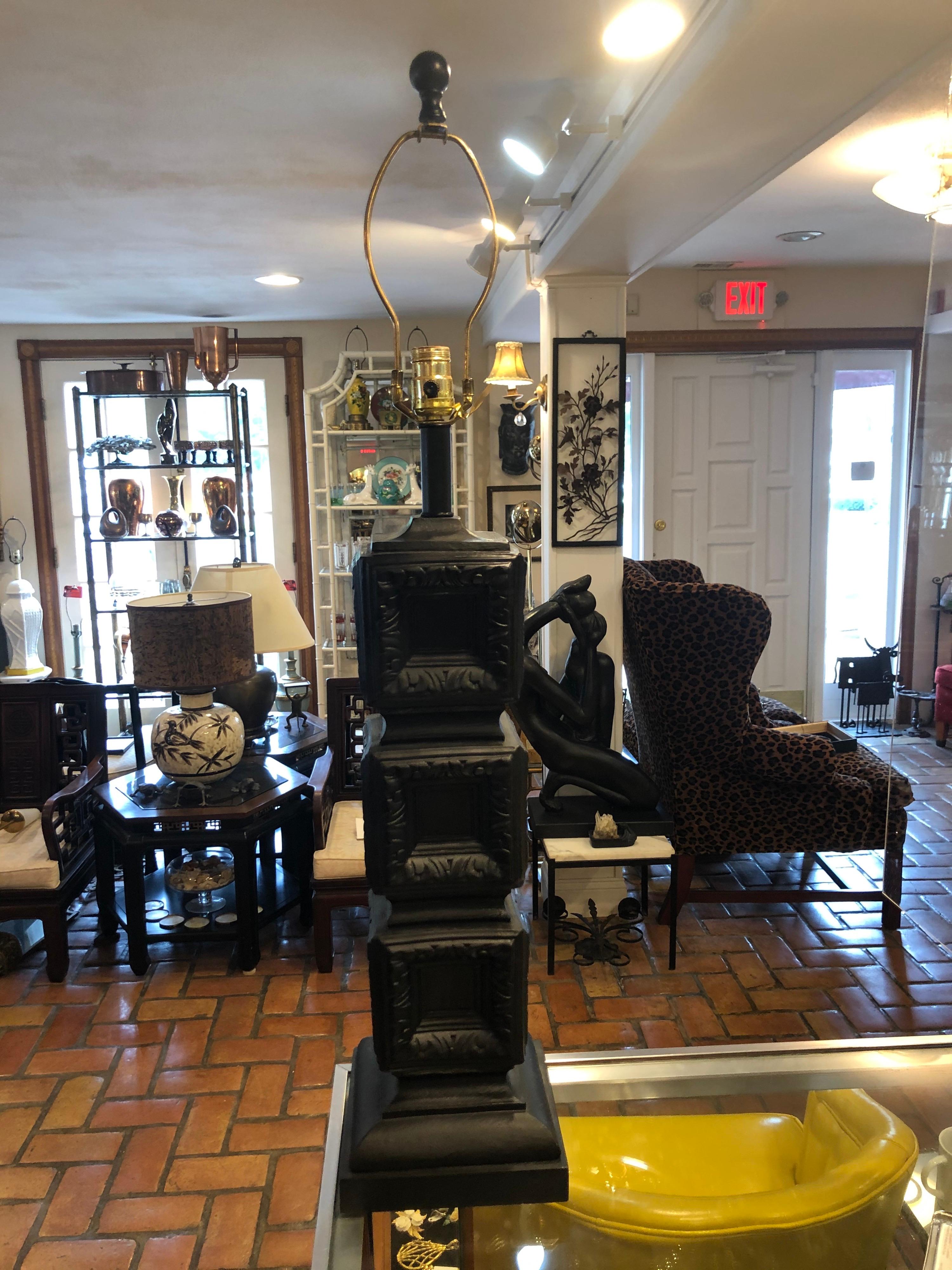 Mid Century Geometric F.A.I.P style black plaster lamp . The acronym F.A.I.P. stands for Fine Arts In Plaster, a company in Brooklyn, NY that produced lighting and other objects using fired plaster/chalkware. This lamp is Signed Osbourne Creative