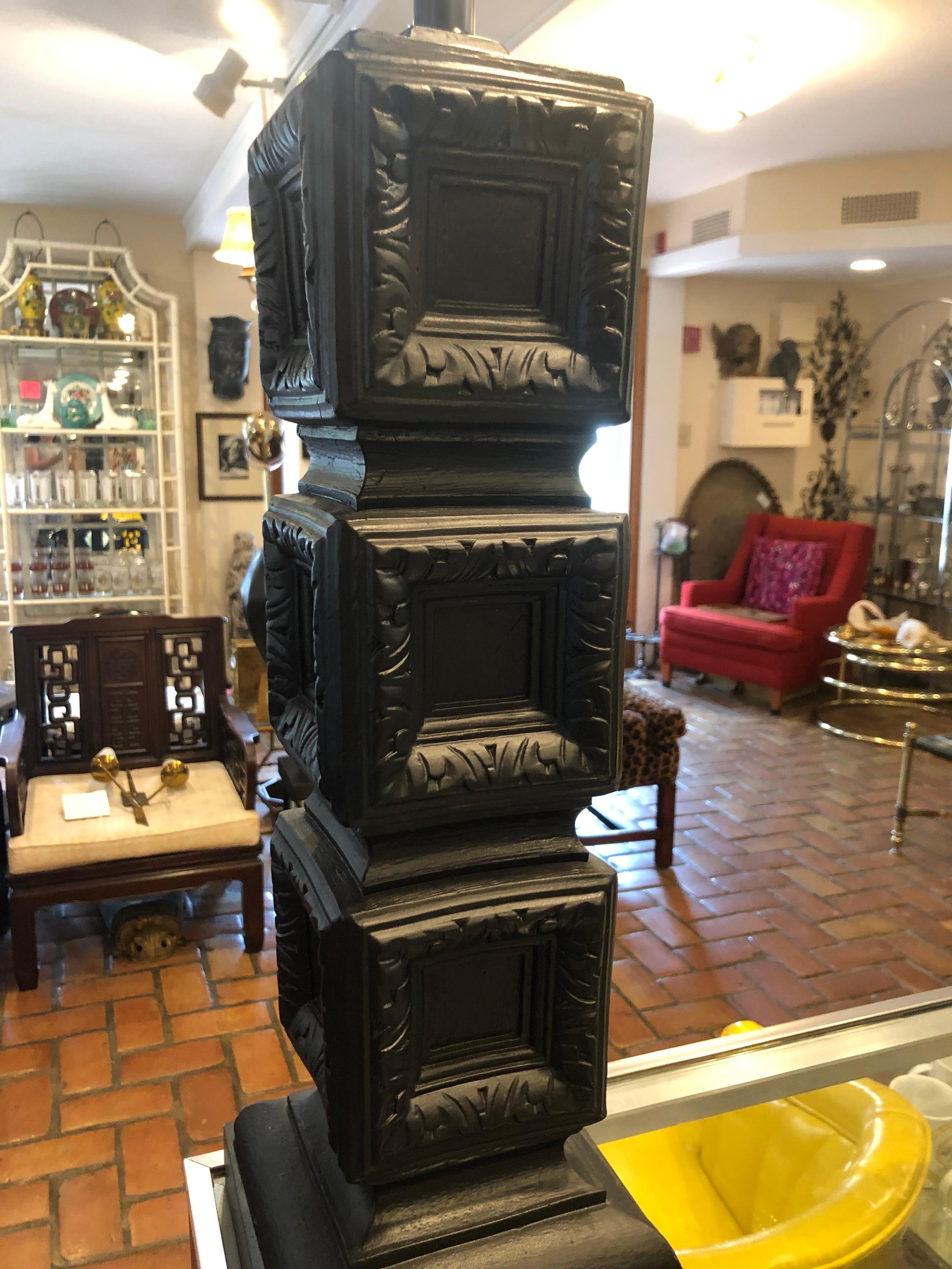 Mid Century Geometric F.A.I.P Style Black Plaster Lamp In Good Condition In Redding, CT