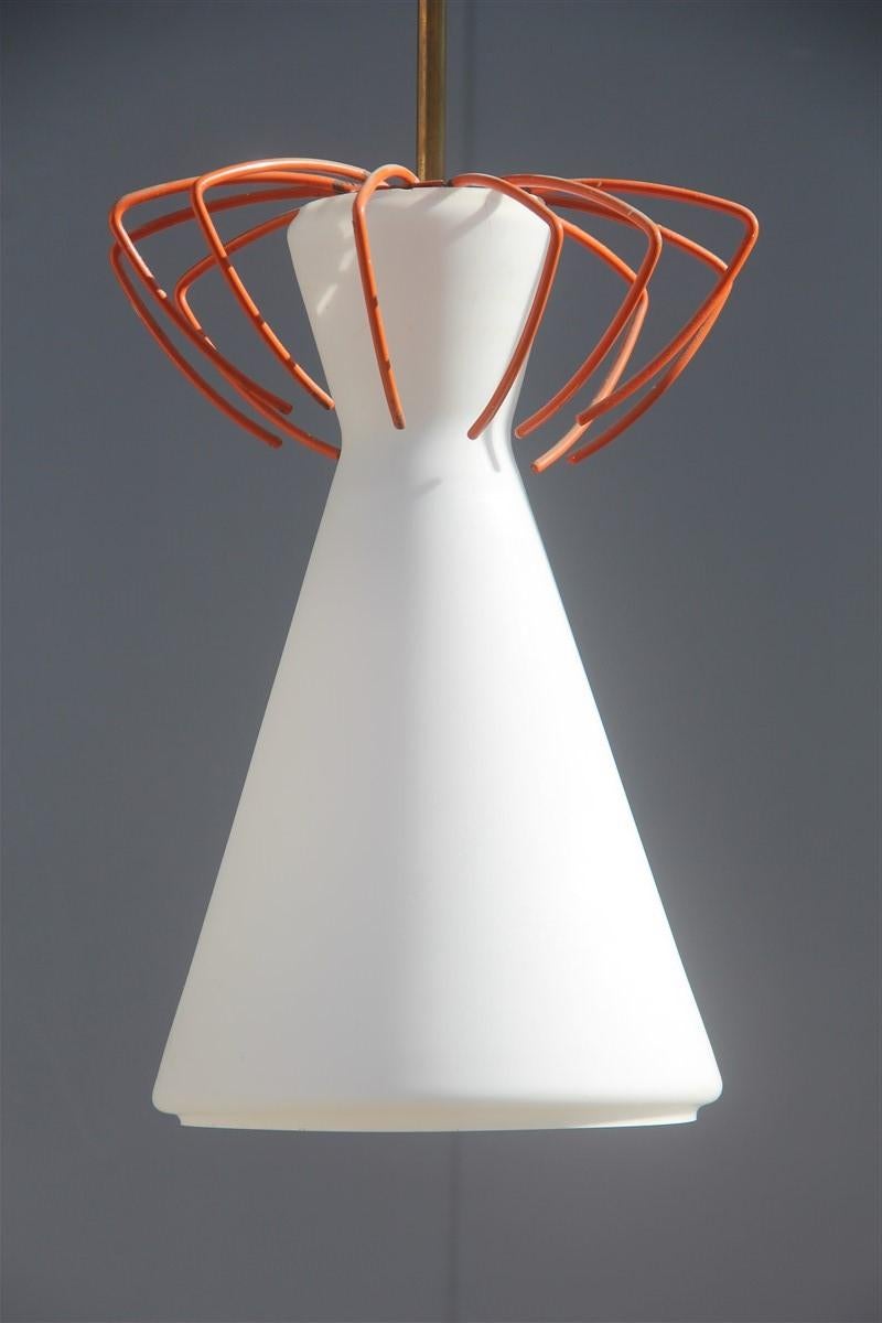 Midcentury geometric lantern pendant Italian design orange white glass brass.
Only glass cm. 32 x 20 diameter.
1 light bulb E27 Max 100 Watt.