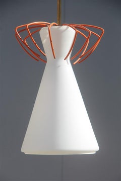Midcentury Geometric Lantern Pendant Italian Design Orange White Glass Brass