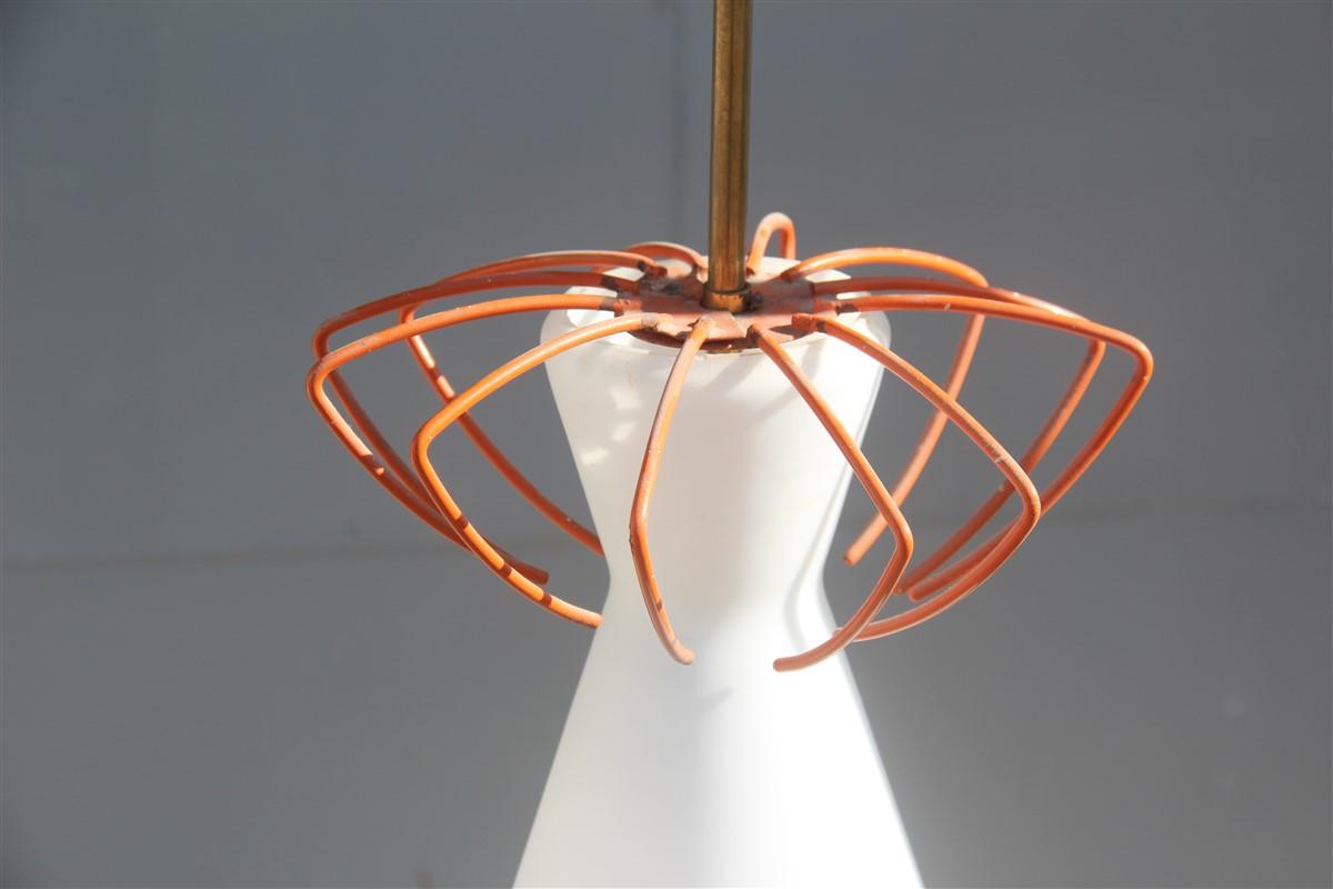 Midcentury Geometric Lantern Pendant Italian Design Orange White Glass Brass In Good Condition For Sale In Palermo, Sicily