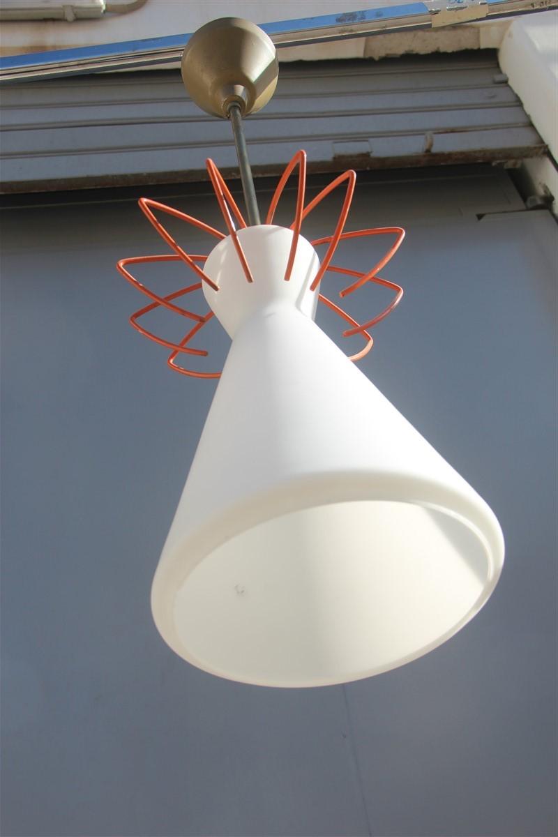 Mid-20th Century Midcentury Geometric Lantern Pendant Italian Design Orange White Glass Brass For Sale